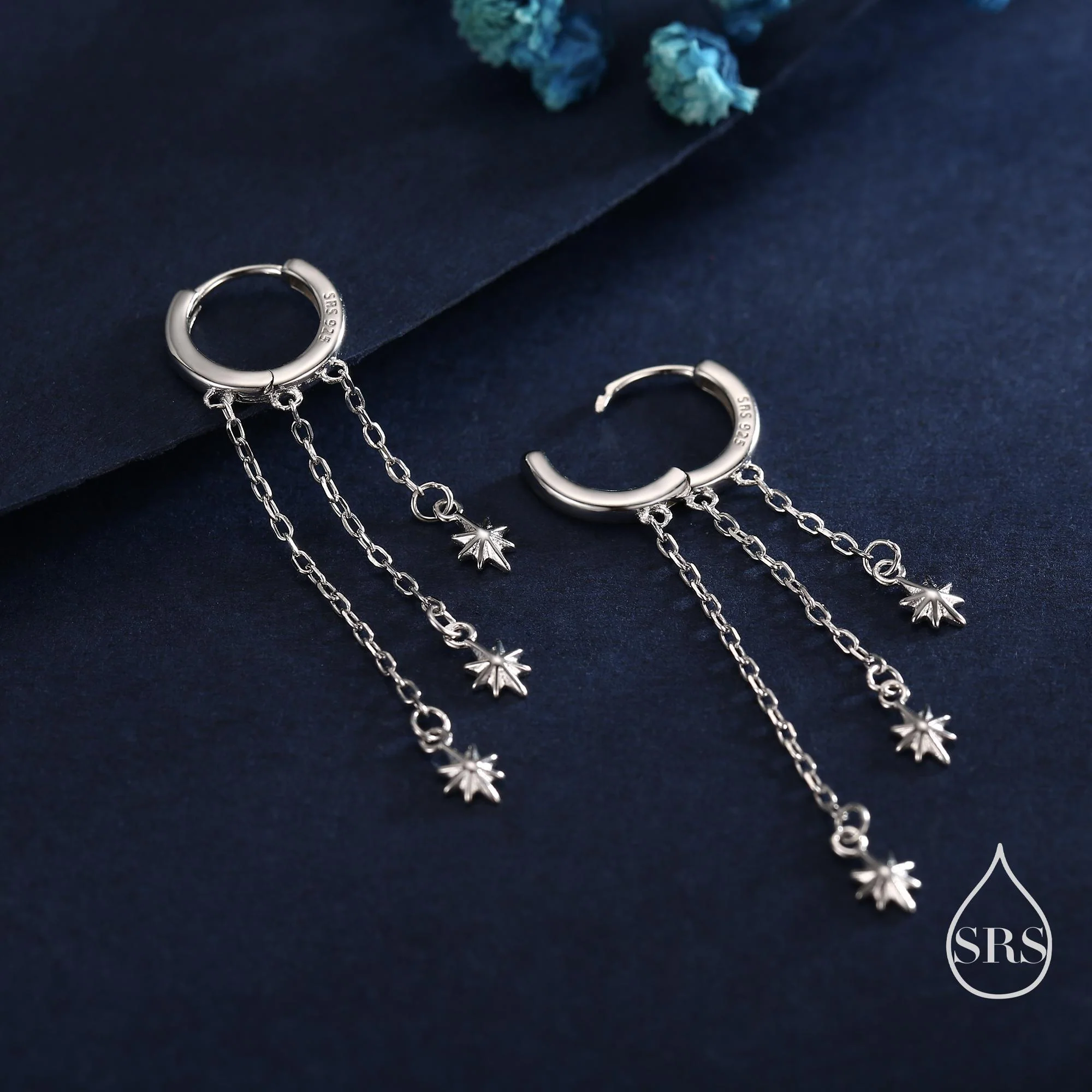 Delicate Starburst Cascade Dangle Huggie Hoop Earrings in Sterling Silver, Triple Star Drop Dangle Earrings in Silver or Gold or Rose Gold - Image 5