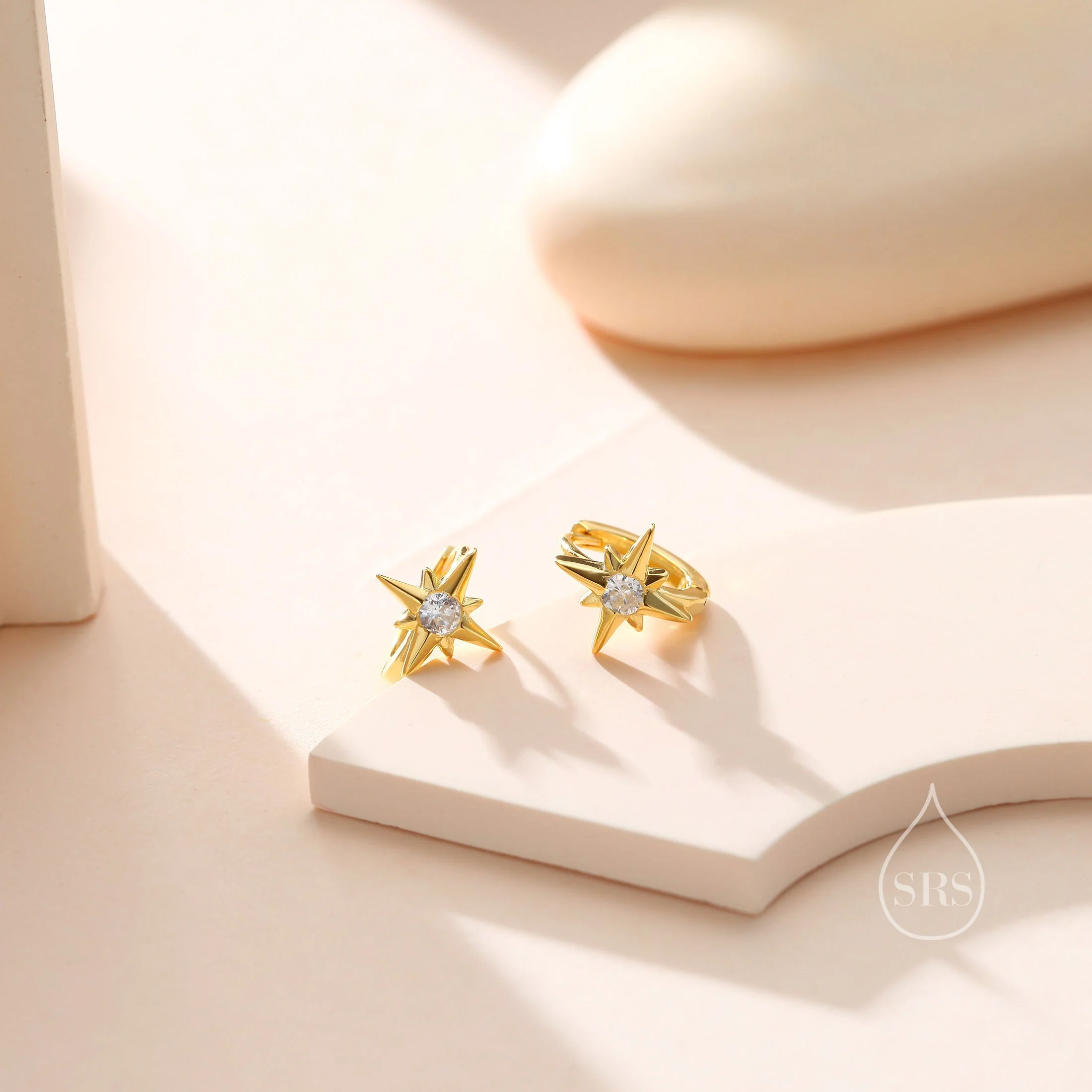 Delicate Starburst CZ Huggie Hoop Earrings in Sterling Silver, Silver, Gold or Rose Gold, North Star Earrings, Sunburst Earrings, Celestial - Image 2