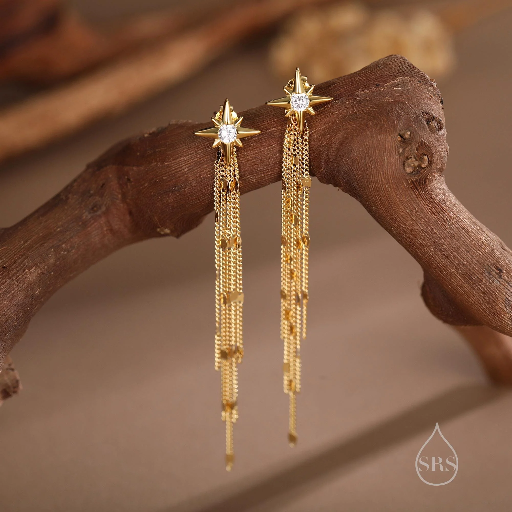 Delicate Starburst Dangle Drop Stud Earrings in Sterling Silver with Sparkle Tassels, Silver or Gold or Rose Gold, North Star Earrings - Image 4