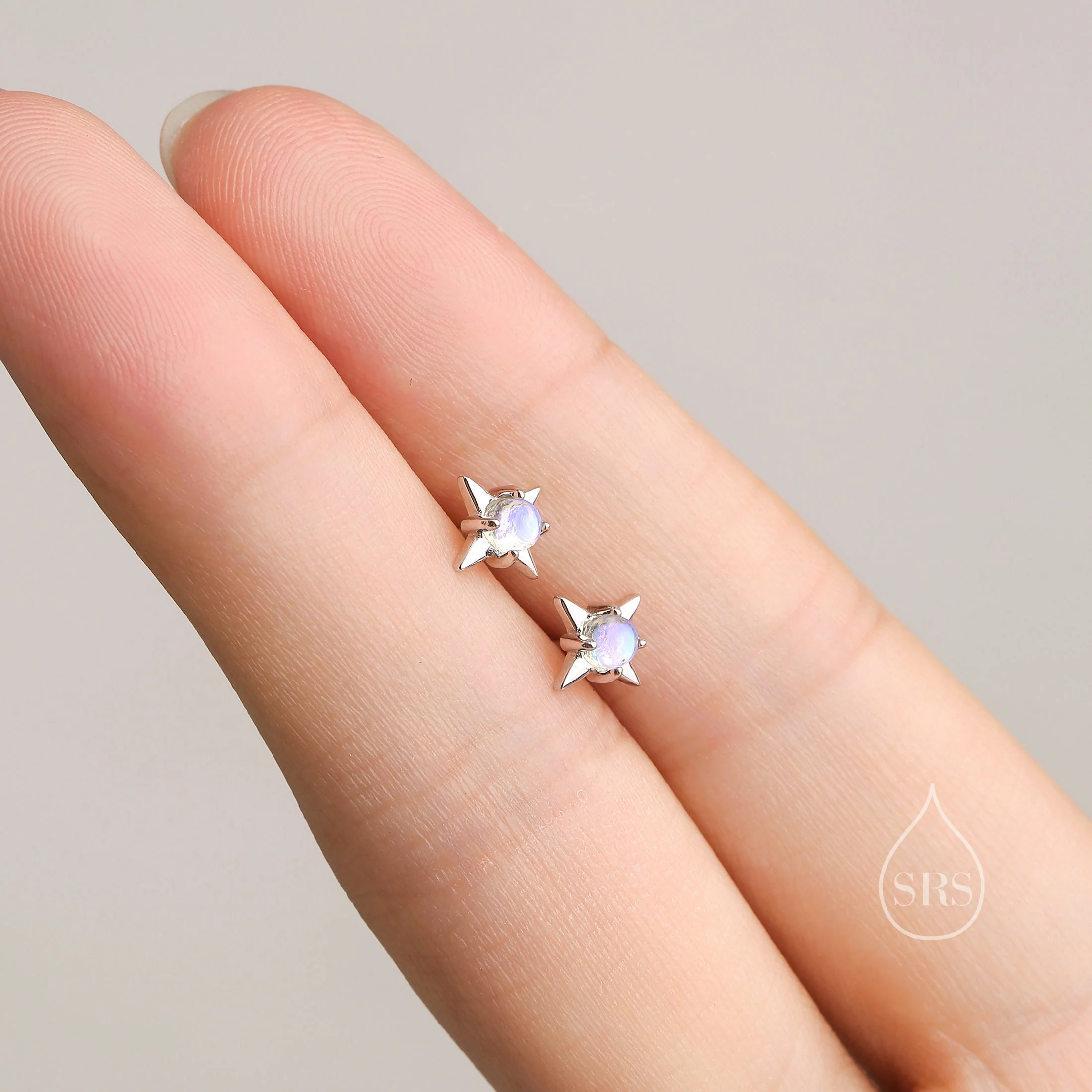 Delicate Starburst Stud Earrings in Sterling Silver, Silver or Gold, Lab Created Opal or Moonstone, Small Star Earrings, Celestial Jewellery - Image 6