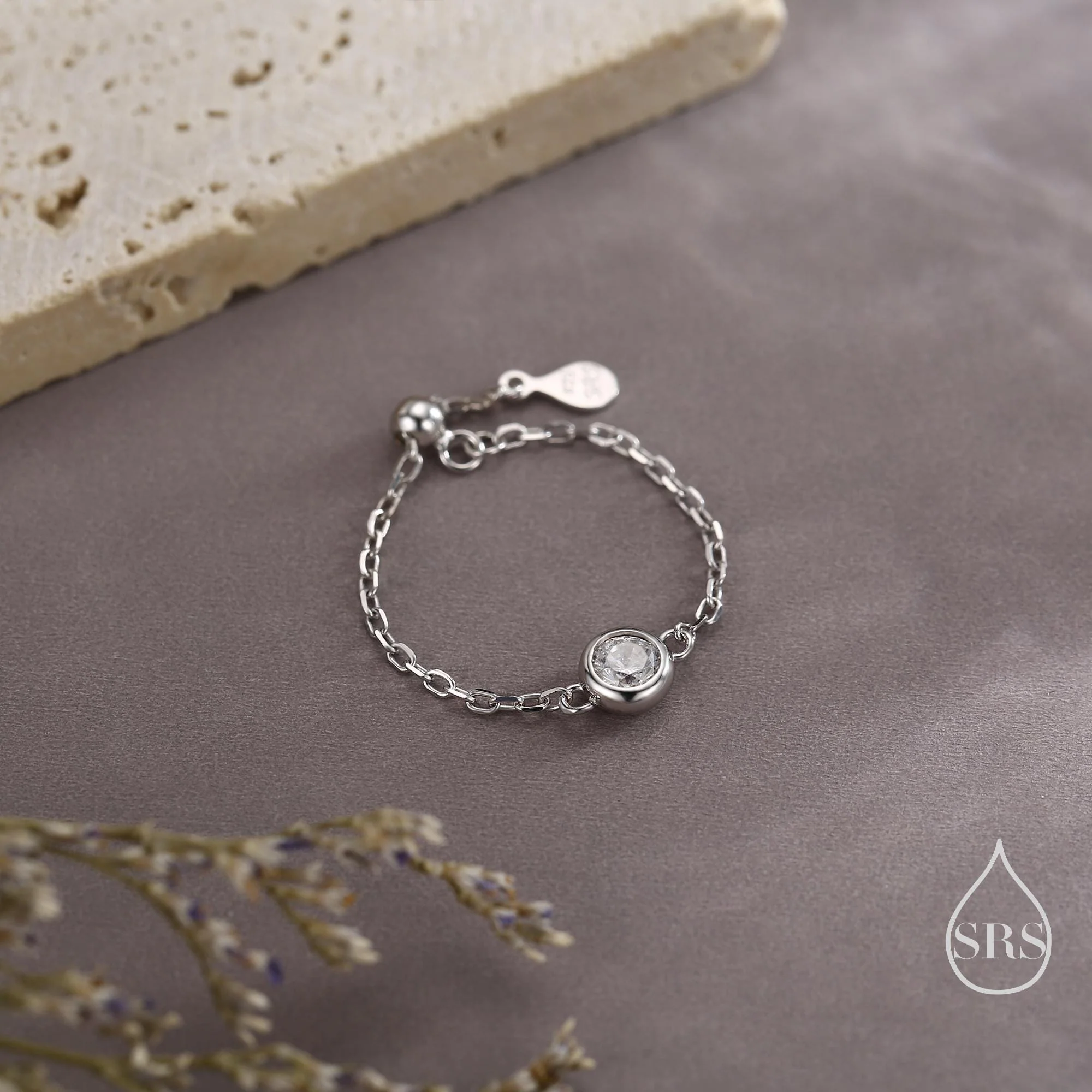 Delicate Sterling Silver Sparkly CZ Soft Ring, Adjustable Size CZ Crystal Chain Ring, Silver or Gold, Soft chain Ring in Sterling Silver - Image 2