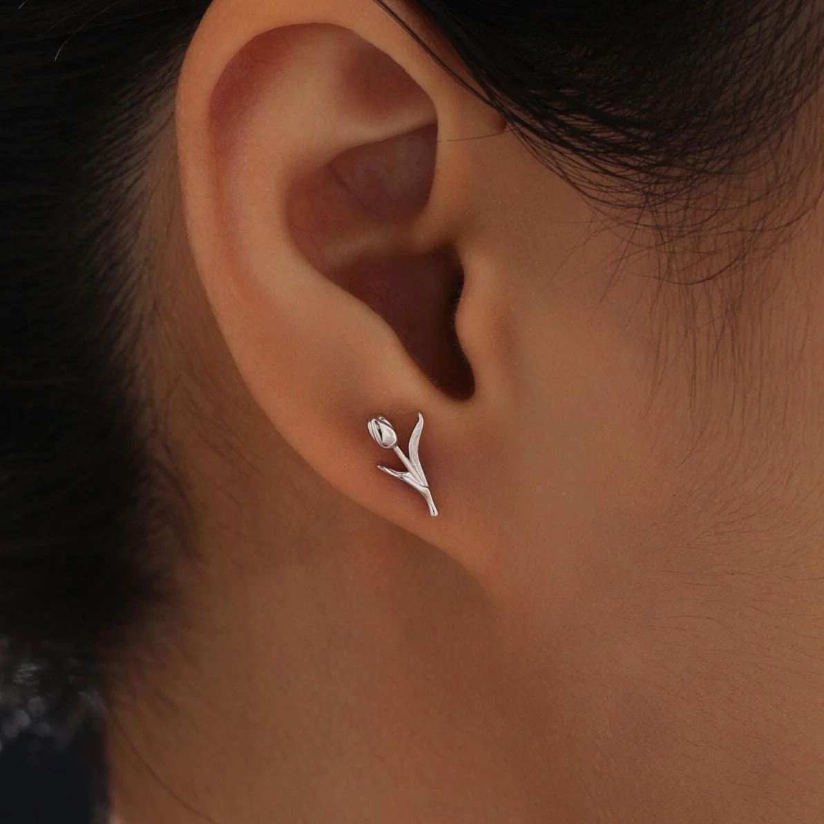 Delicate Tulip Flower Stud Earrings in Sterling Silver, Silver or Gold or Rose Gold, Flower Earrings, Tulip Earrings - Image 2