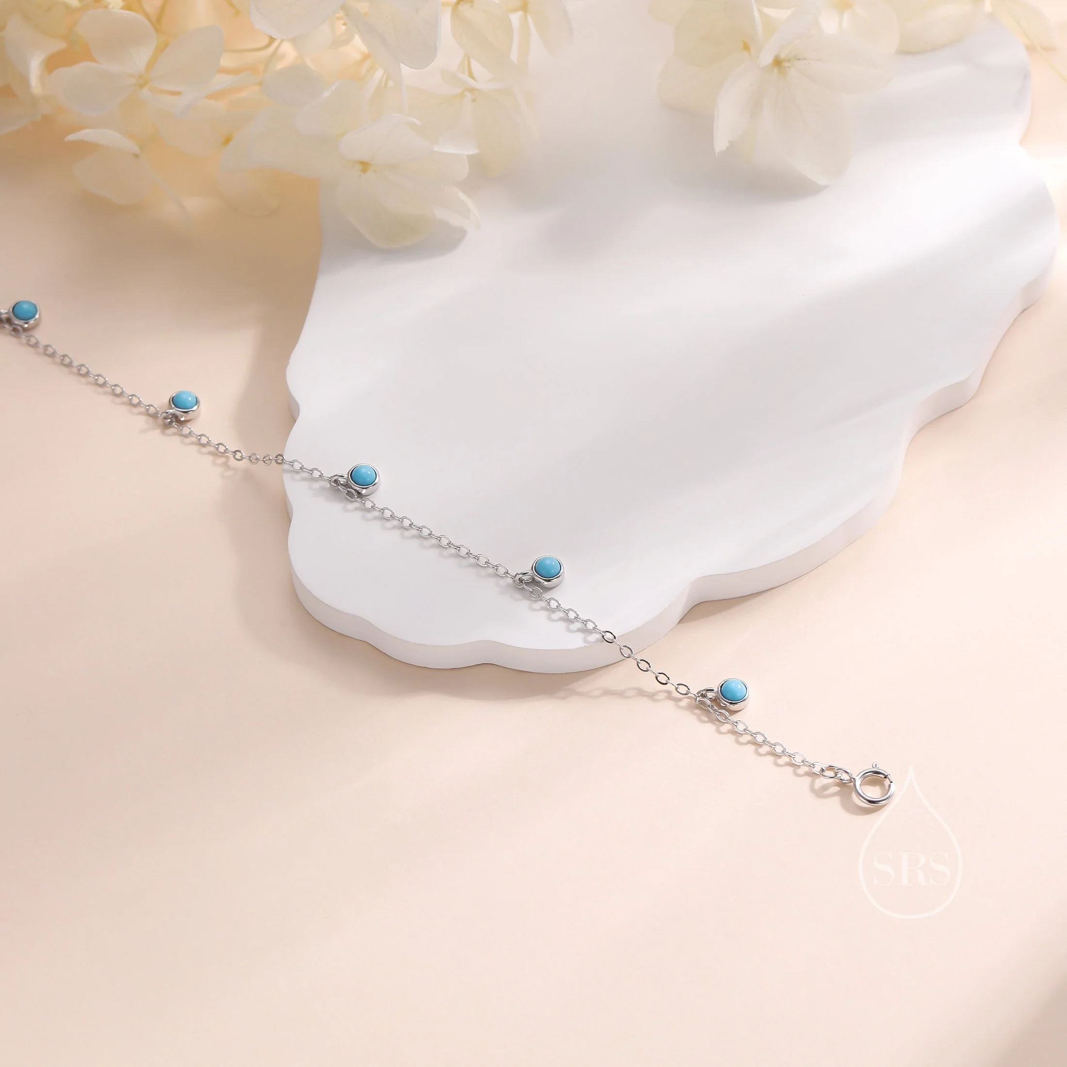 Delicate Turquoise Charm Bracelet in Sterling Silver, Silver or Gold, Sterling Silver Tiny Blue Turquoise Bracelet - Image 2