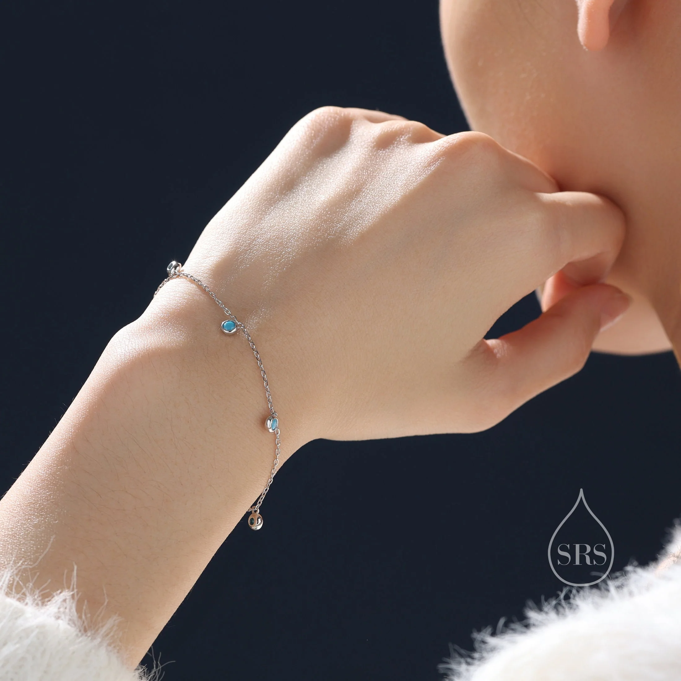 Delicate Turquoise CZ Charm Bracelet in Sterling Silver, Silver or Gold, Sterling Silver Tiny Blue Turquoise Bracelet - Image 2