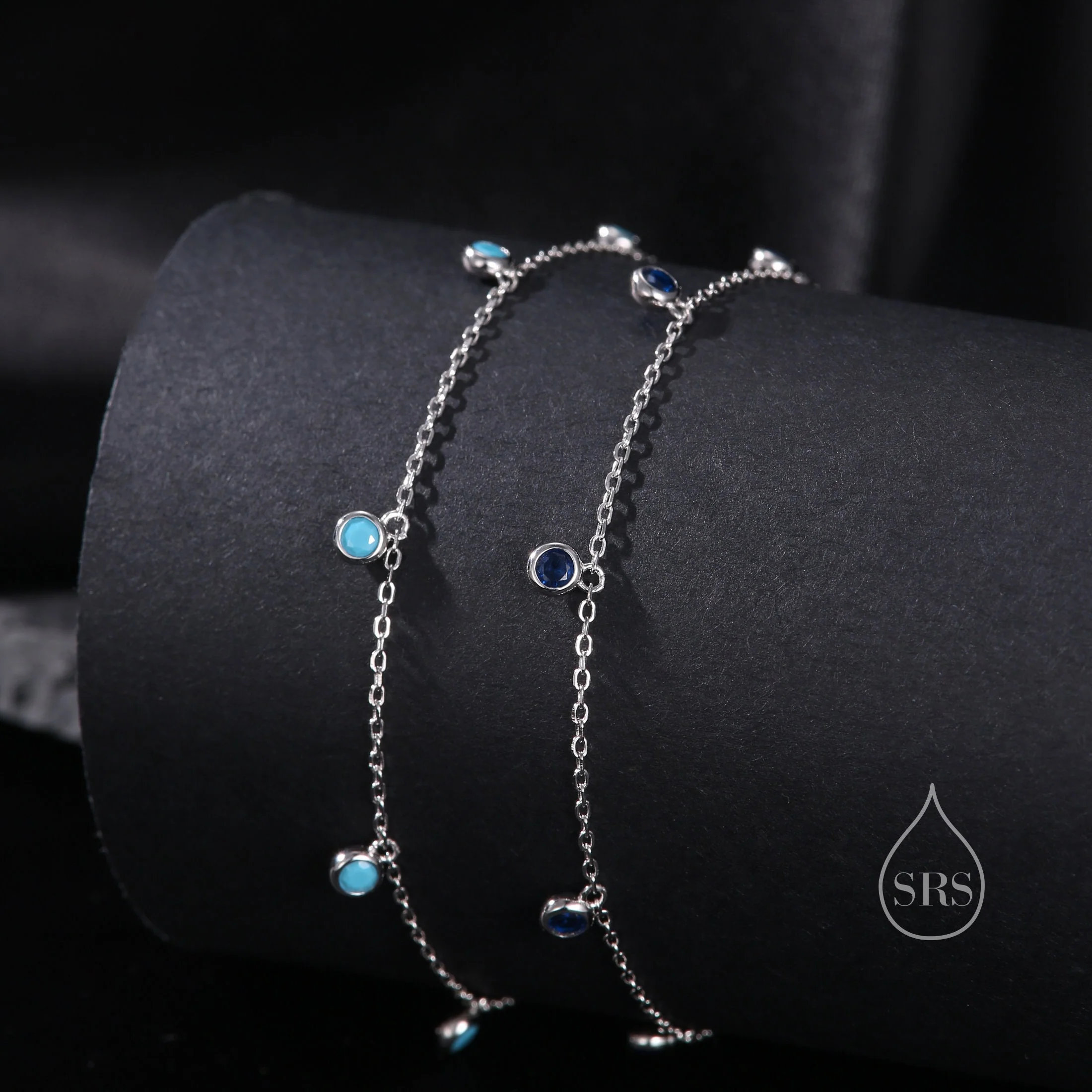 Delicate Turquoise CZ Charm Bracelet in Sterling Silver, Silver or Gold, Sterling Silver Tiny Blue Turquoise Bracelet - Image 3