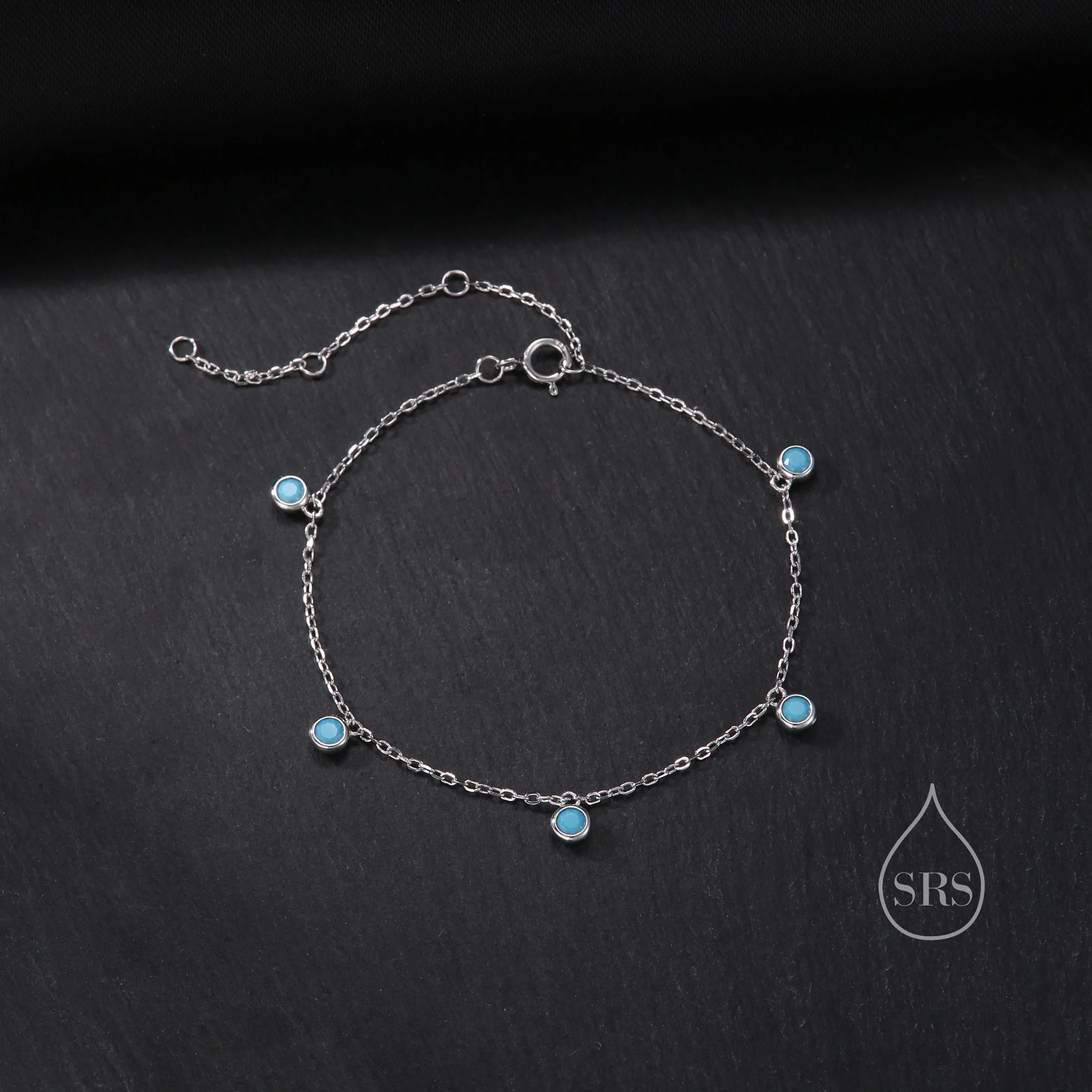 Delicate Turquoise CZ Charm Bracelet in Sterling Silver, Silver or Gold, Sterling Silver Tiny Blue Turquoise Bracelet - Image 4