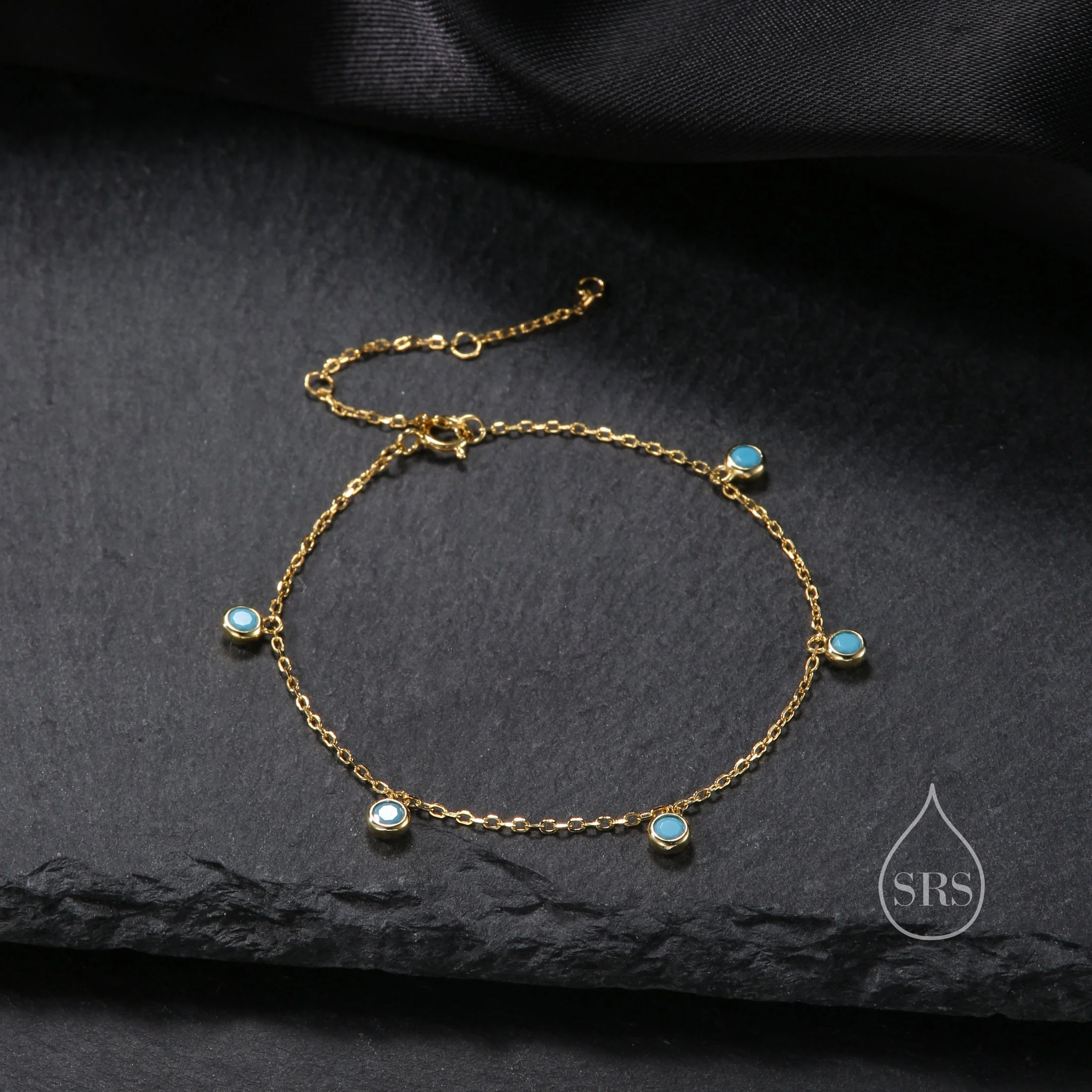 Delicate Turquoise CZ Charm Bracelet in Sterling Silver, Silver or Gold, Sterling Silver Tiny Blue Turquoise Bracelet - Image 5