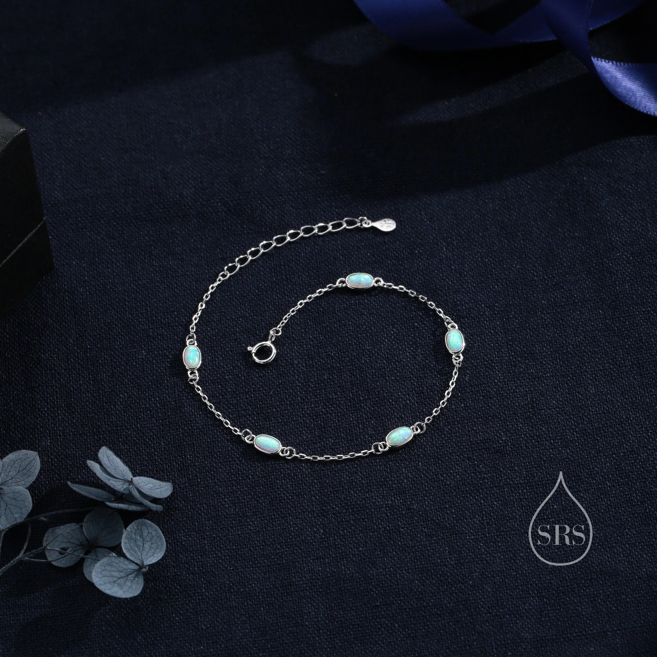 Delicate White Opal Oval Satellite Bracelet in Sterling Silver, Silver or Gold, Simulated Fire Opal Bracelet, Oval Opal Motif Bracelet - Image 5