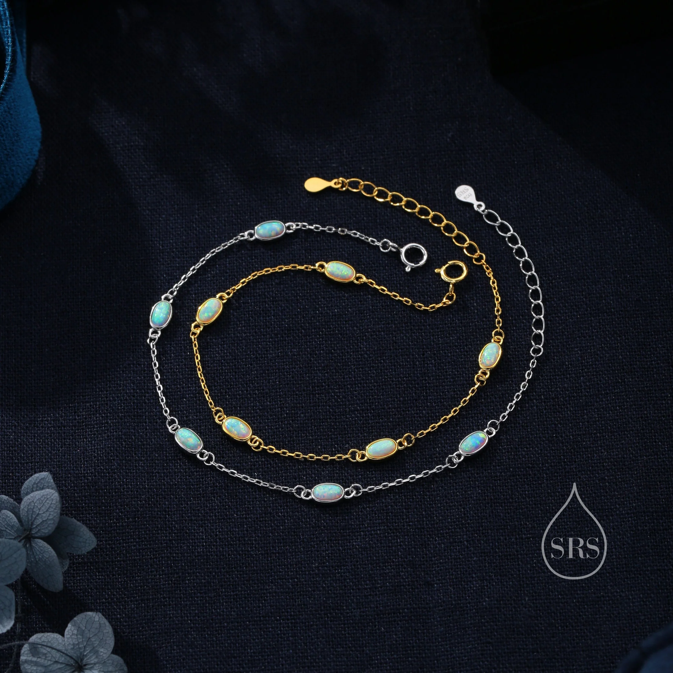 Delicate White Opal Oval Satellite Bracelet in Sterling Silver, Silver or Gold, Simulated Fire Opal Bracelet, Oval Opal Motif Bracelet - Image 7
