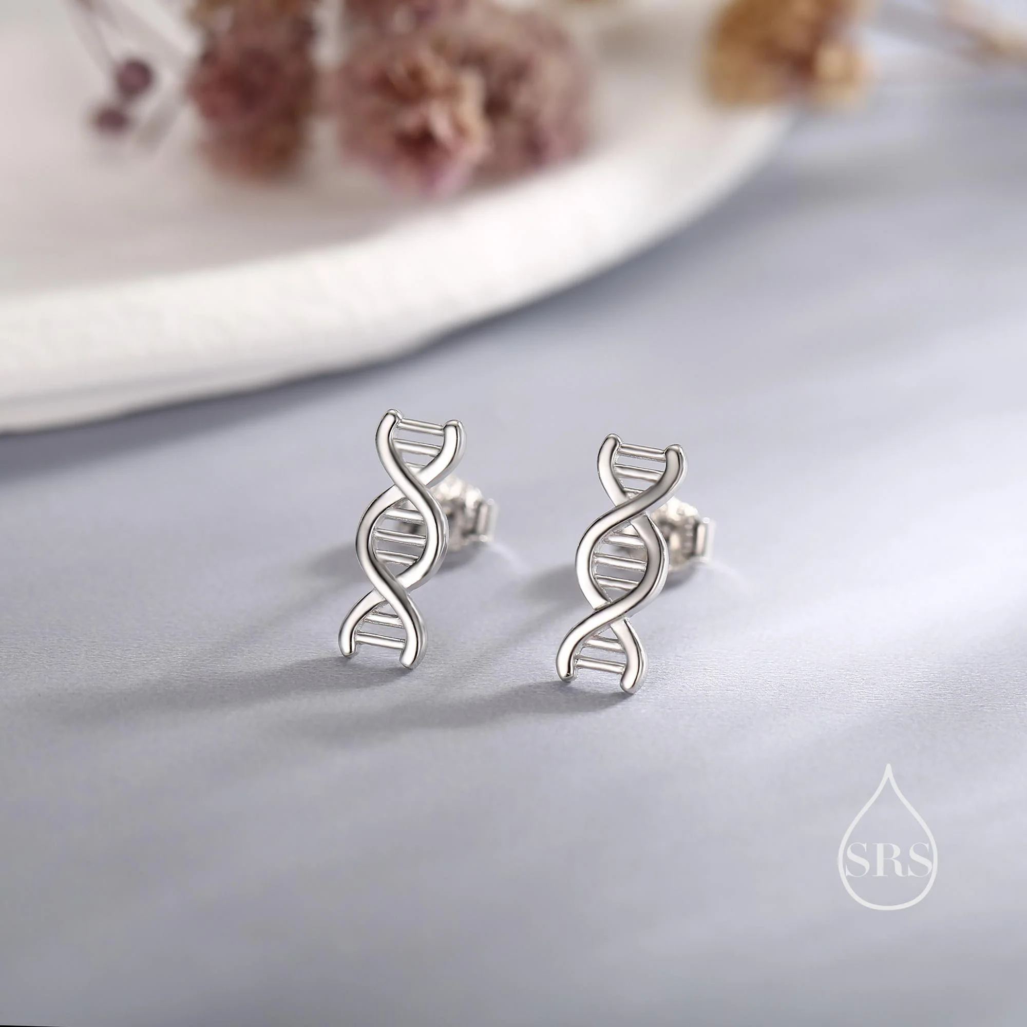 DNA Molecular Structure Stud Earrings in Sterling Silver, Available in Silver, Gold or Rose Gold Finish, Cute Fun Quirky Science Jewellery