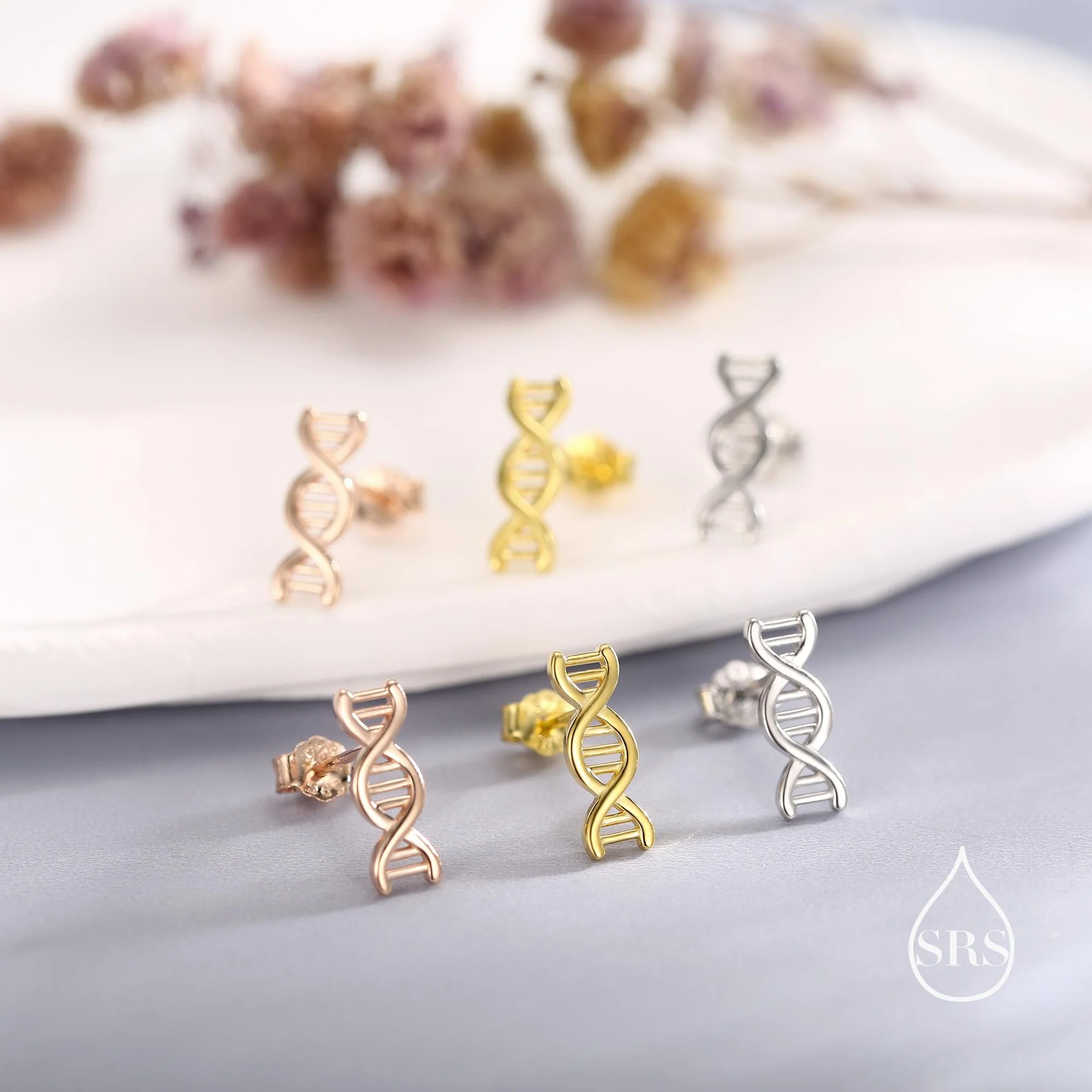DNA Molecular Structure Stud Earrings in Sterling Silver, Available in Silver, Gold or Rose Gold Finish, Cute Fun Quirky Science Jewellery - Image 3