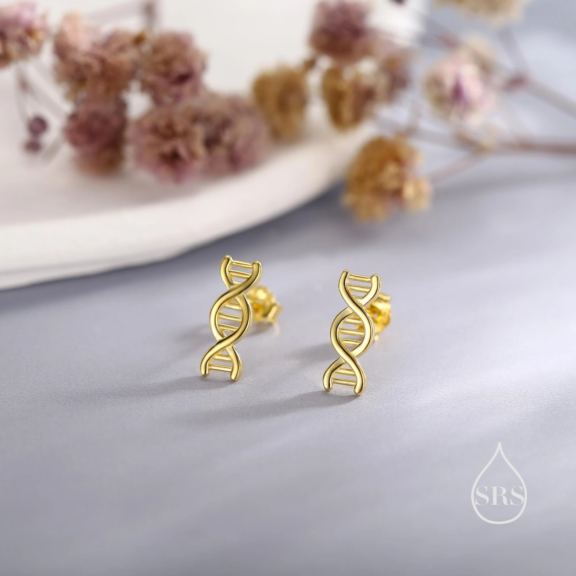DNA Molecular Structure Stud Earrings in Sterling Silver, Available in Silver, Gold or Rose Gold Finish, Cute Fun Quirky Science Jewellery - Image 4