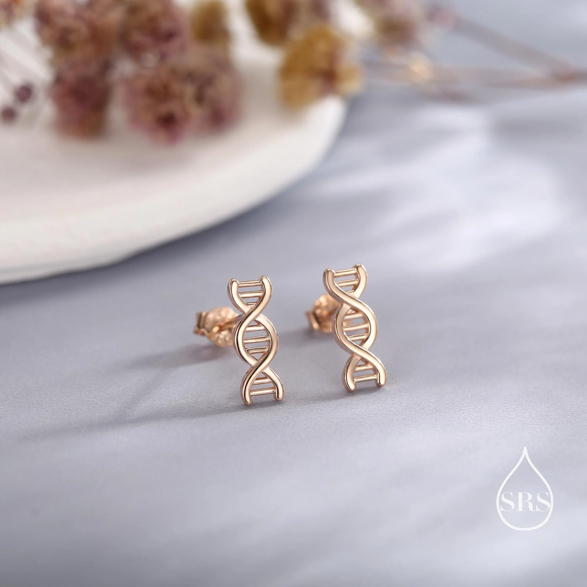 DNA Molecular Structure Stud Earrings in Sterling Silver, Available in Silver, Gold or Rose Gold Finish, Cute Fun Quirky Science Jewellery - Image 5