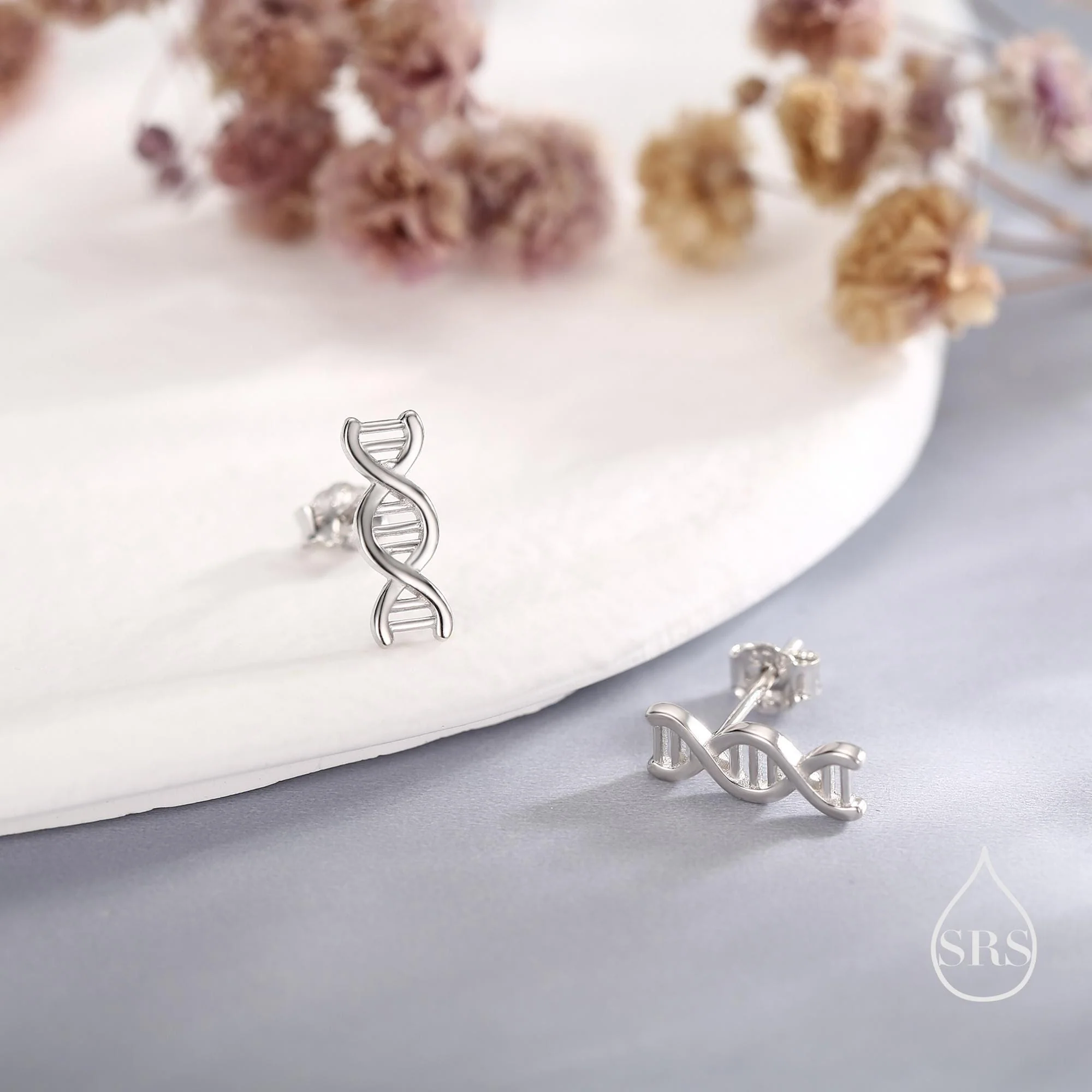 DNA Molecular Structure Stud Earrings in Sterling Silver, Available in Silver, Gold or Rose Gold Finish, Cute Fun Quirky Science Jewellery - Image 6