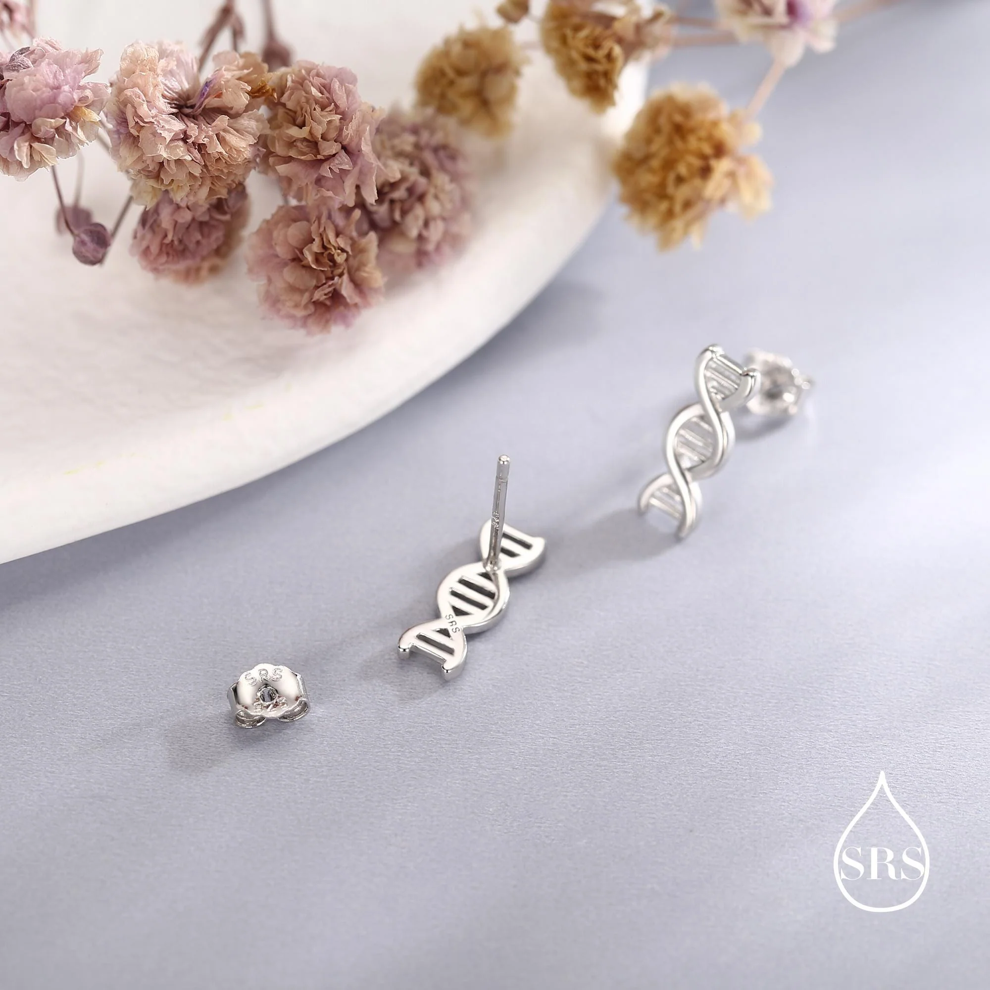 DNA Molecular Structure Stud Earrings in Sterling Silver, Available in Silver, Gold or Rose Gold Finish, Cute Fun Quirky Science Jewellery - Image 7