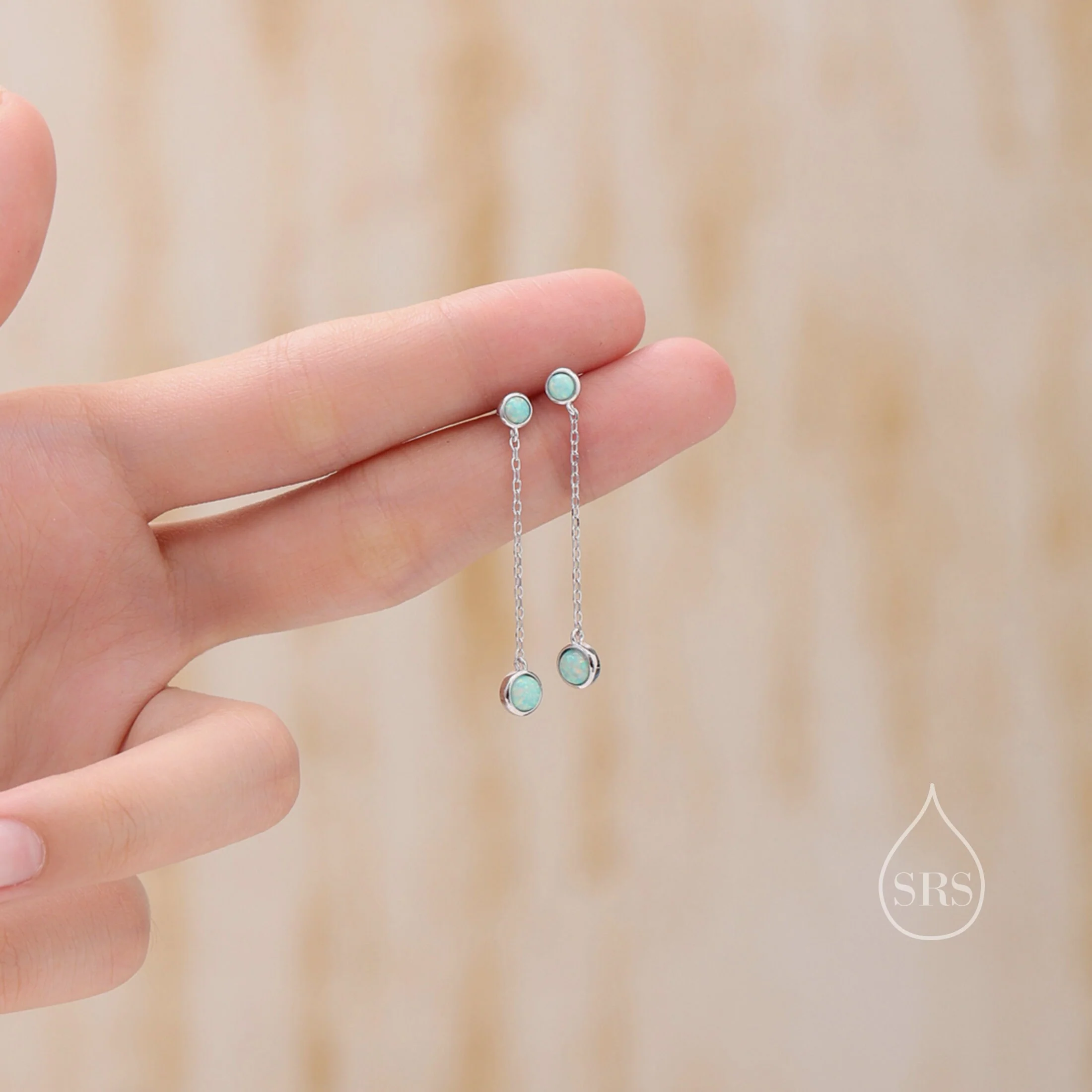 Double Aqua Green Opal Dangle Chain Earrings in Sterling Silver, Silver or Gold, Lab Opal Earrings, Two Opal Earrings, Aqua Blue Opal - Image 2