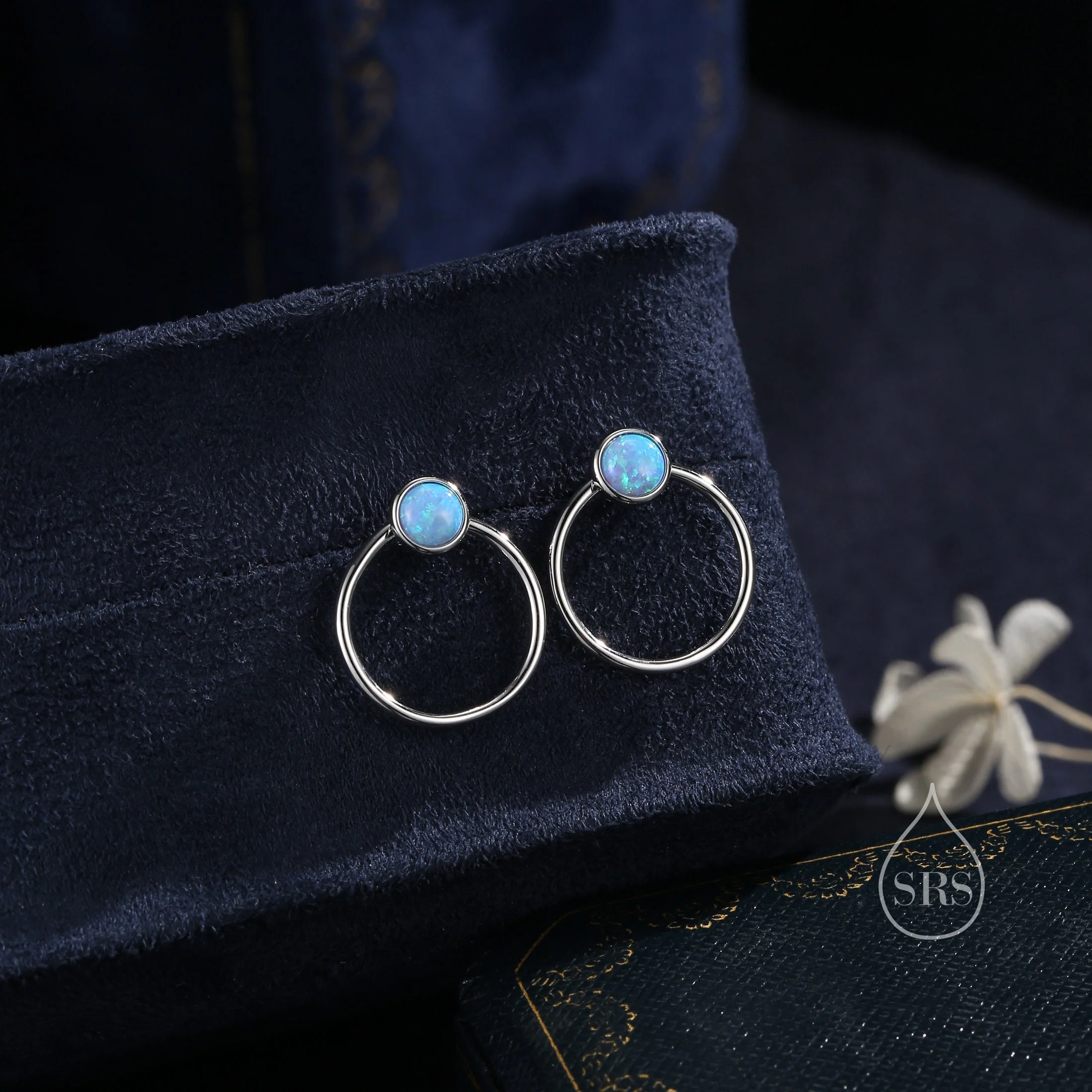 Double Circle Blue Opal Ear Jacket in Sterling Silver,  Two Way Detachable Circle Earrings, Front and Back Lab Opal Earring - Image 4