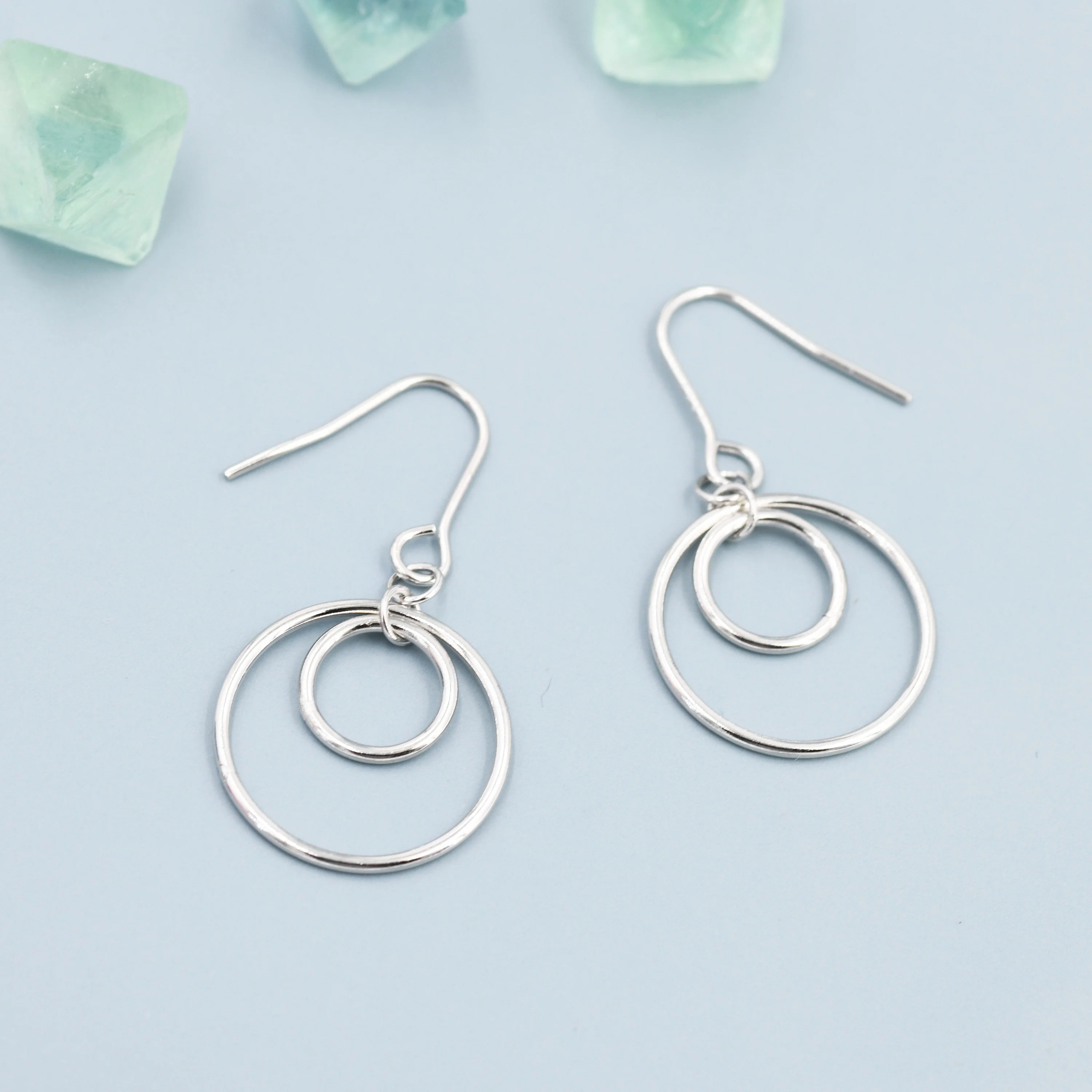 Double Circle Drop Hook Earrings in Sterling Silver, Silver or Gold, Minimalist Dangle Earrings - Image 4