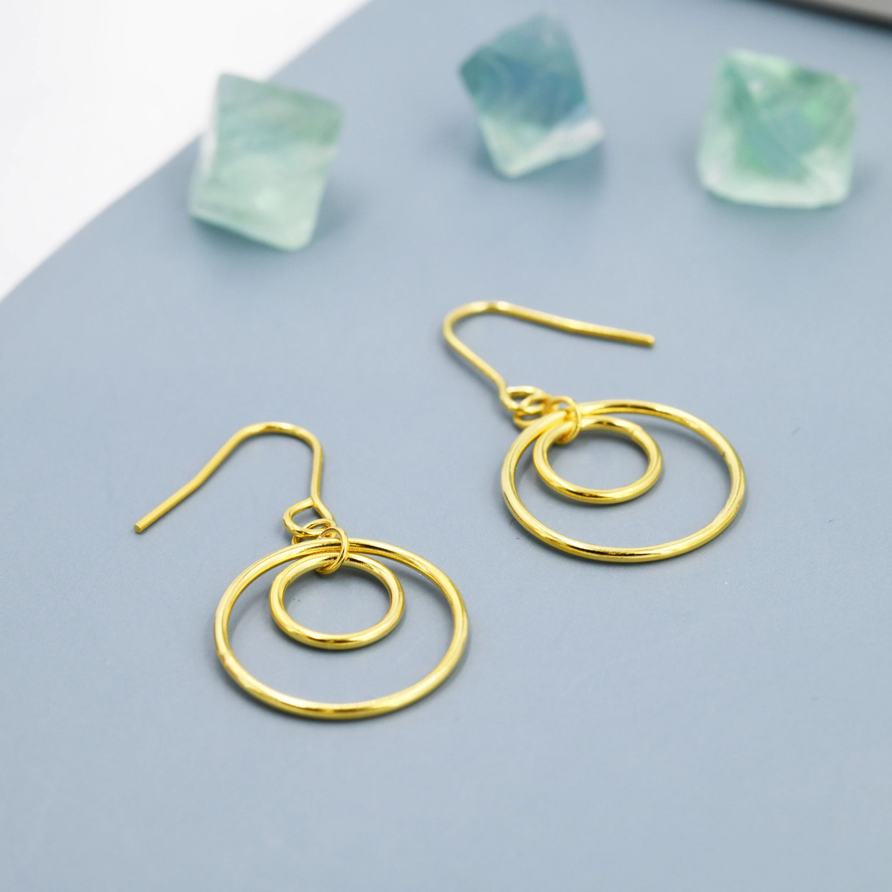 Double Circle Drop Hook Earrings in Sterling Silver, Silver or Gold, Minimalist Dangle Earrings - Image 6