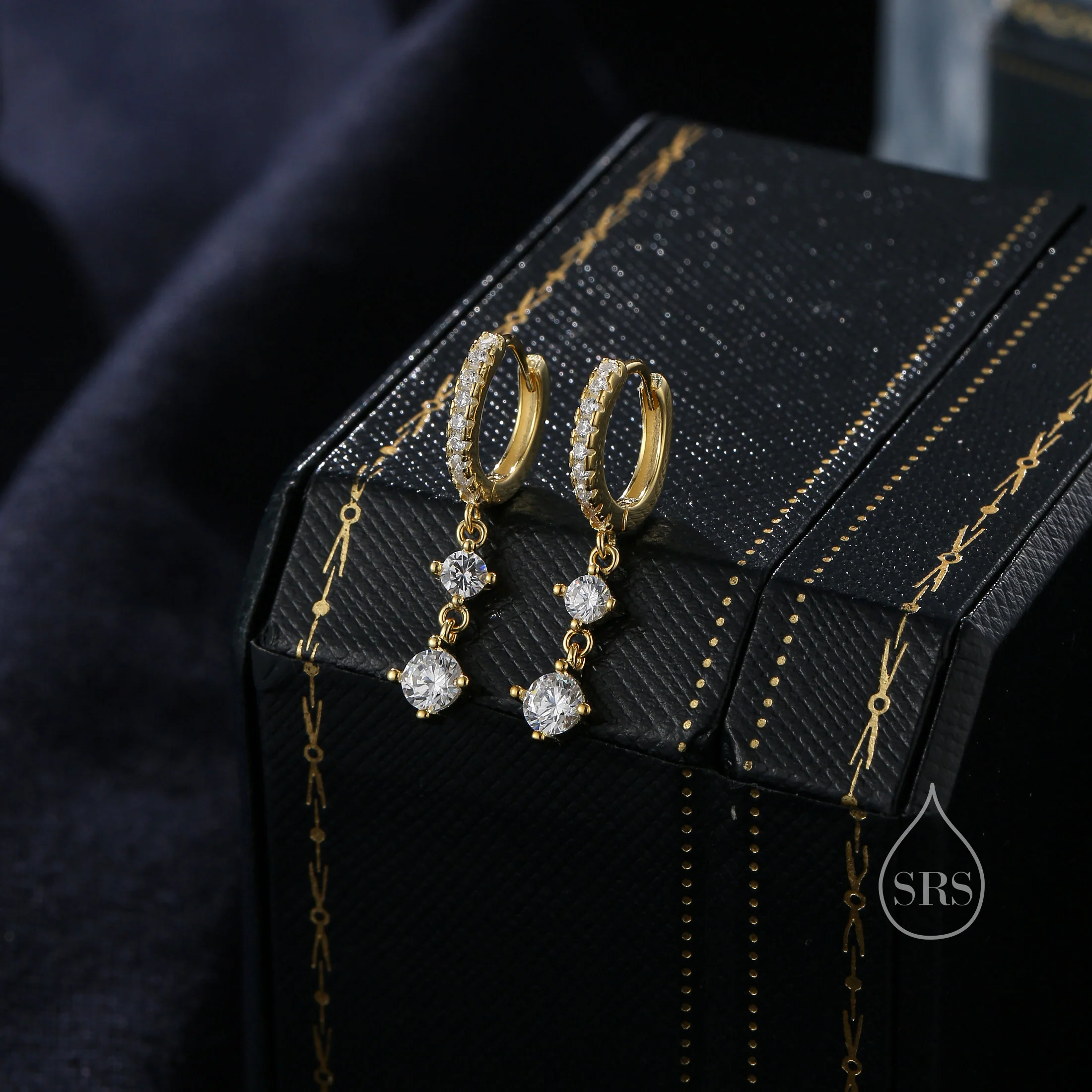Double CZ Dangle Huggie Hoop in Sterling Silver, Silver or Gold or Rose Gold, Skinny CZ Dangle Earrings, Two CZ Hoop Earrings - Image 3