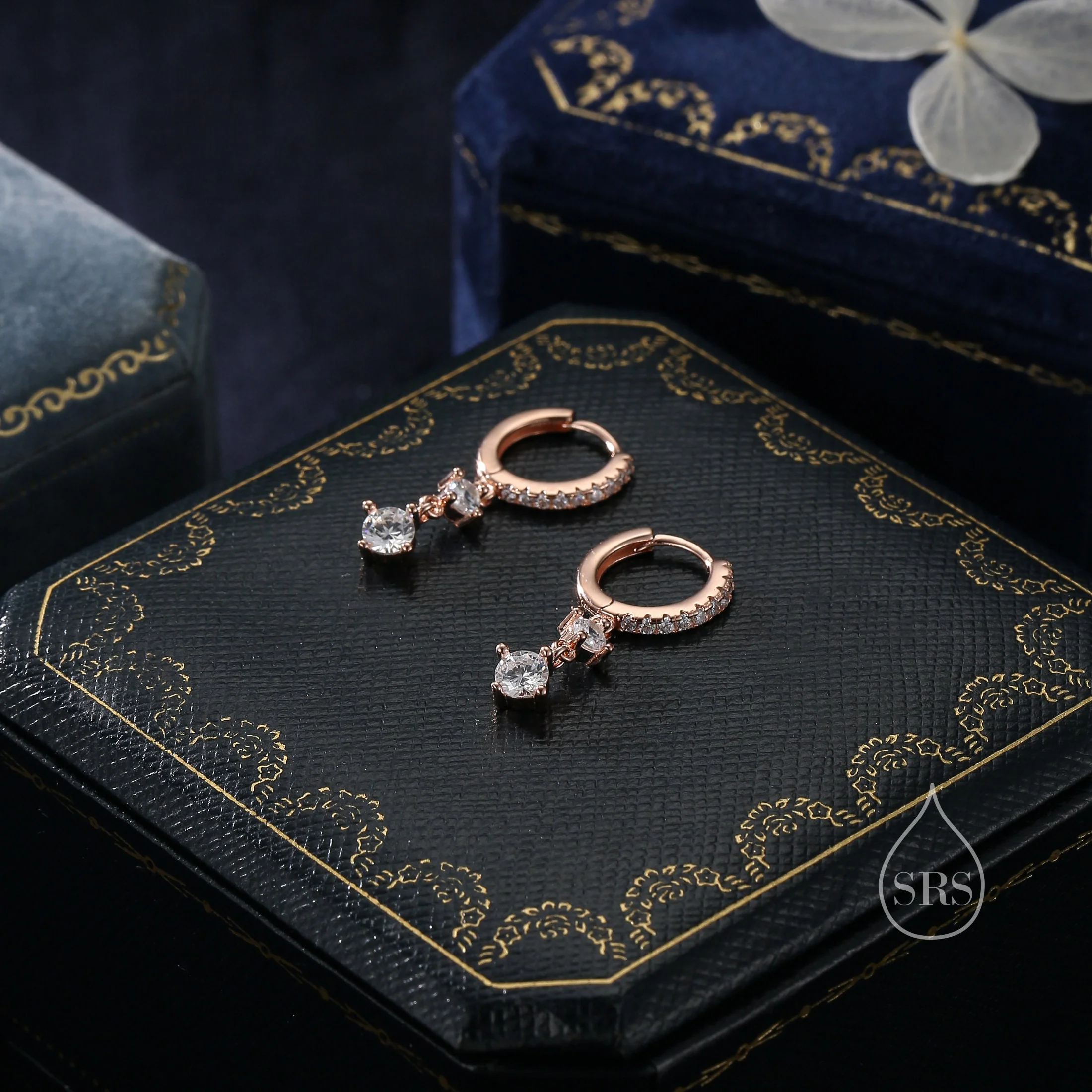 Double CZ Dangle Huggie Hoop in Sterling Silver, Silver or Gold or Rose Gold, Skinny CZ Dangle Earrings, Two CZ Hoop Earrings - Image 4