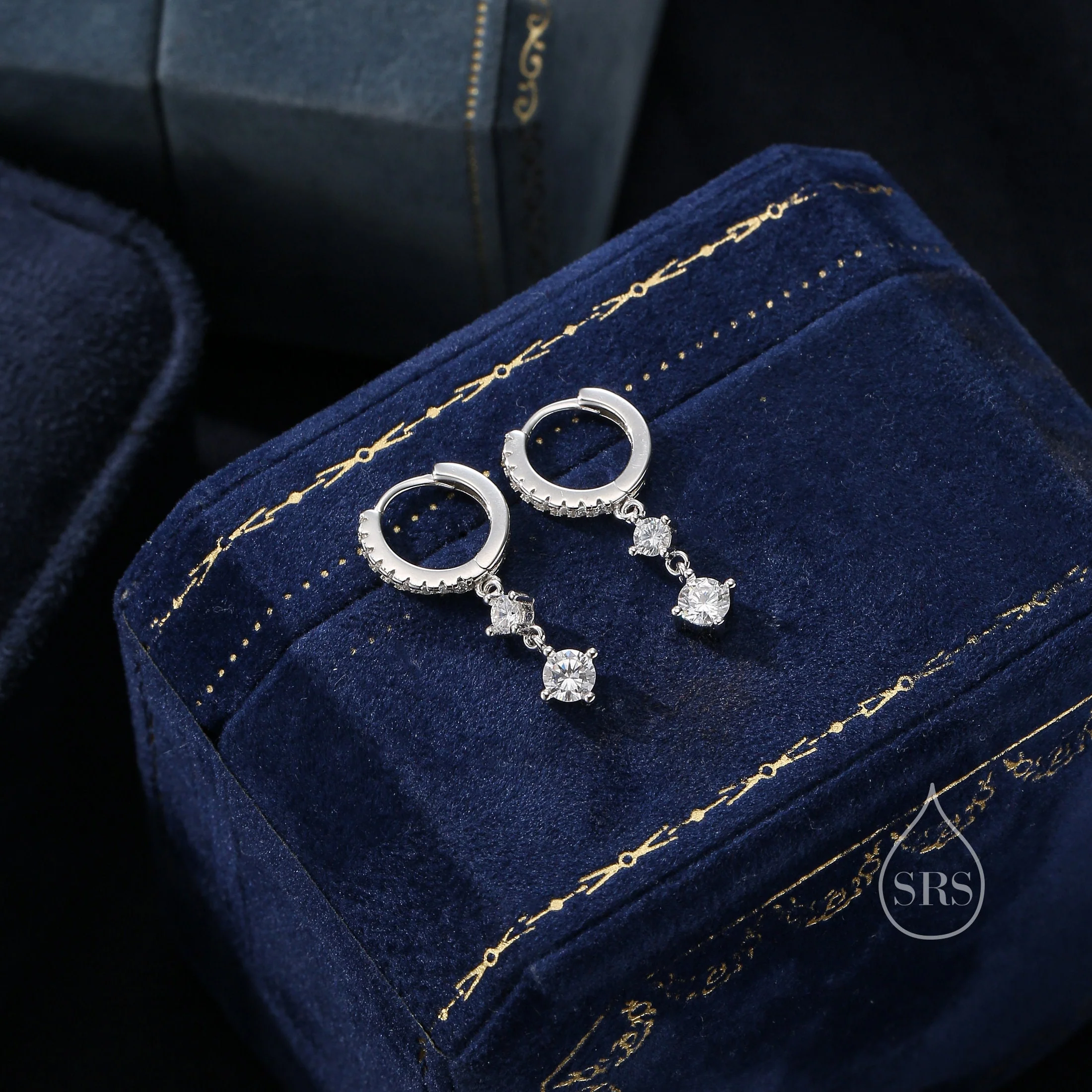 Double CZ Dangle Huggie Hoop in Sterling Silver, Silver or Gold or Rose Gold, Skinny CZ Dangle Earrings, Two CZ Hoop Earrings - Image 5