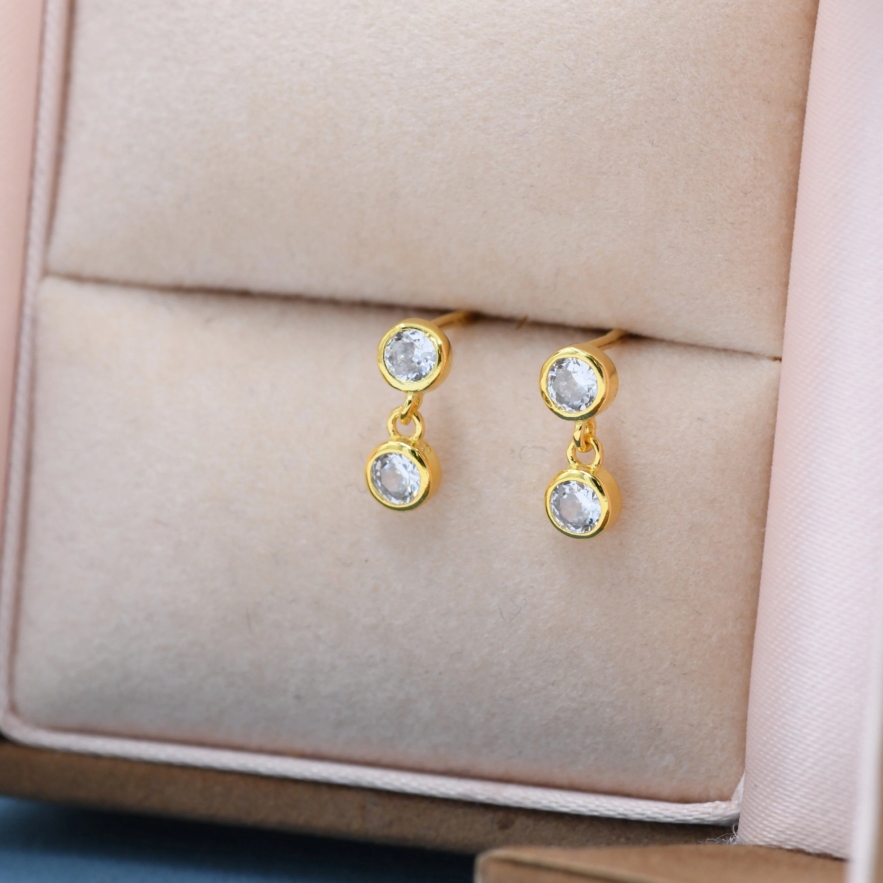 Double CZ Dangle Stud Earrings in Sterling Silver, Silver or Gold, Two CZ Bezel Earrings, Solid Silver Crystal Earrings - Image 3