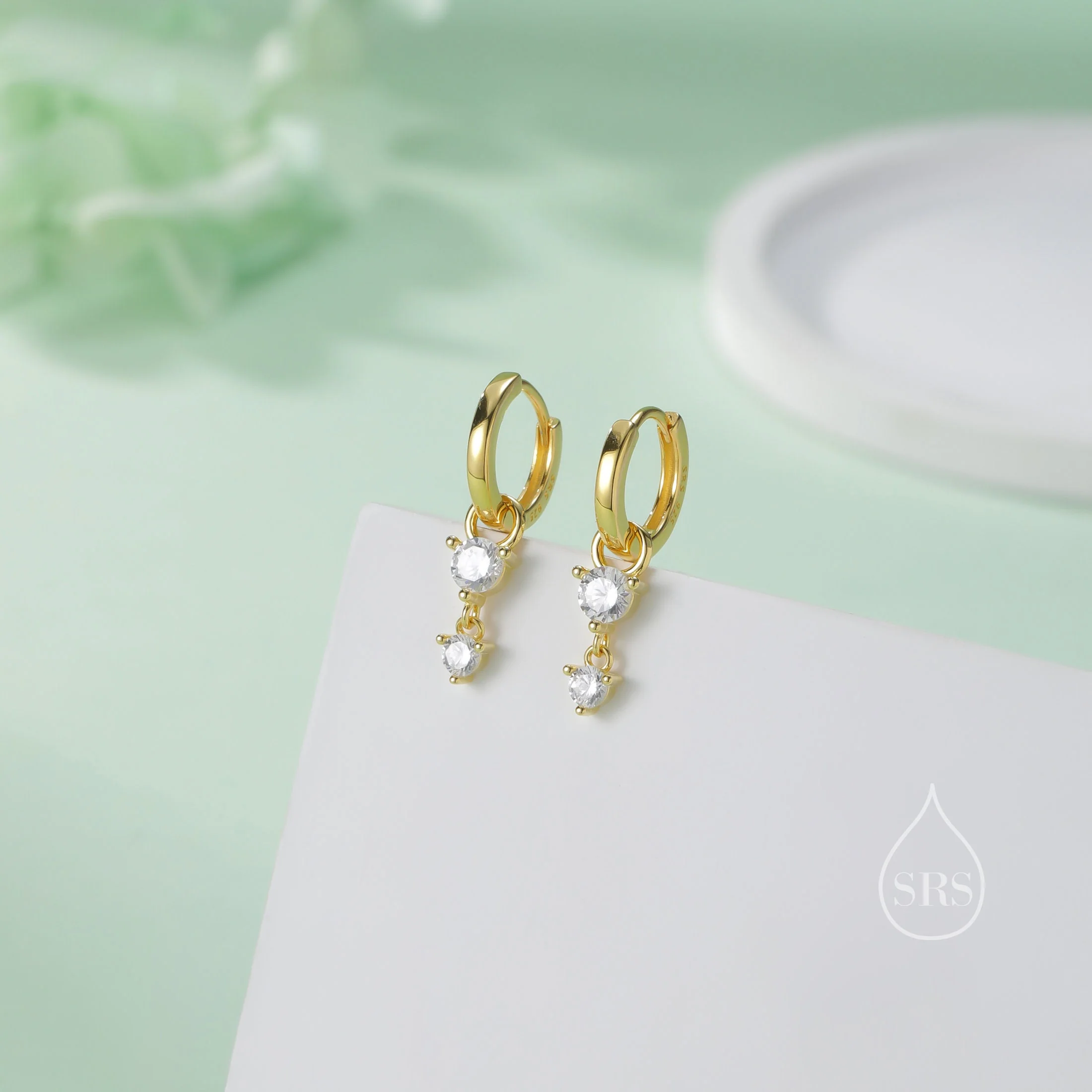 Double CZ Huggie Hoop Earrings in Sterling Silver, Silver or Gold, Detachable Charm Hoops, Geometric Hoop Earrings - Image 2