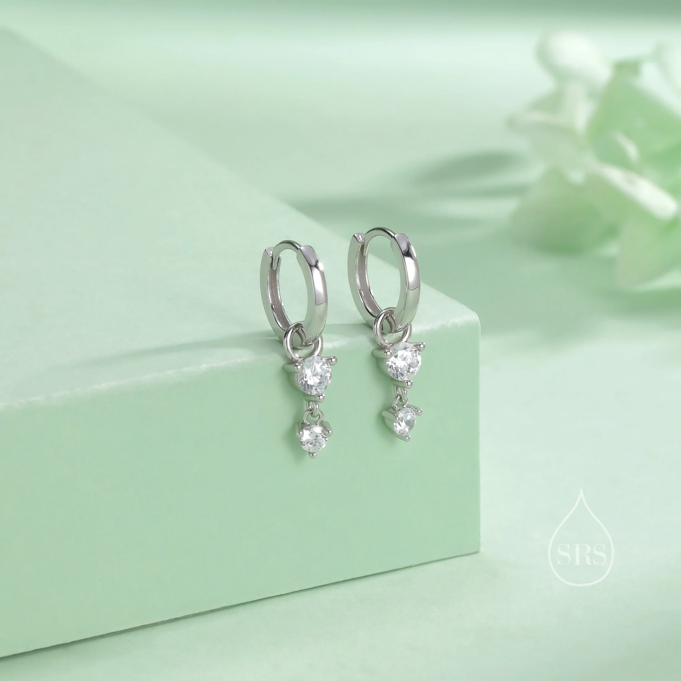 Double CZ Huggie Hoop Earrings in Sterling Silver, Silver or Gold, Detachable Charm Hoops, Geometric Hoop Earrings - Image 3