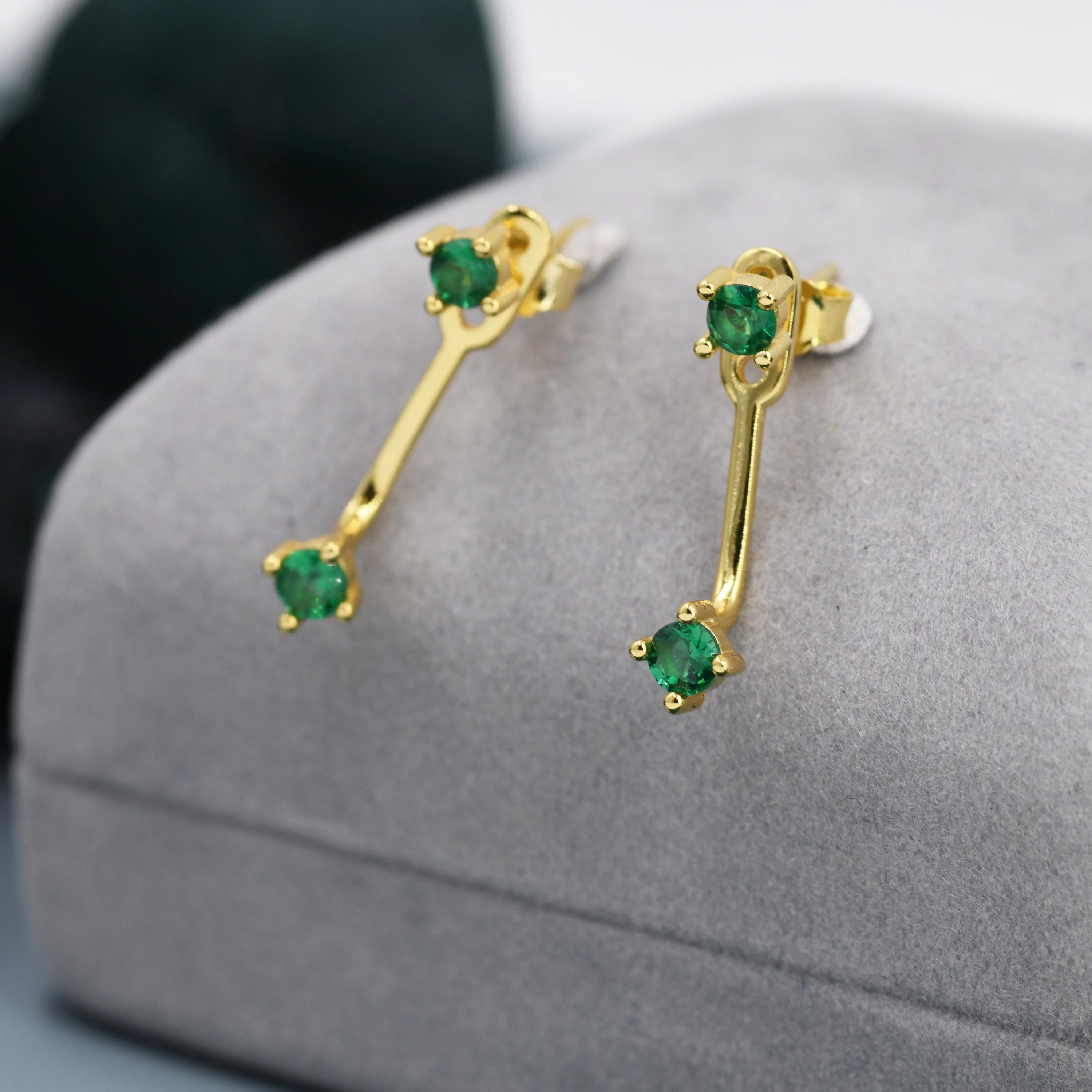 Double Emerald Green CZ Ear Jacket in Sterling Silver,  Silver or Gold, Front and Back Earrings, Two Part Earrings - Image 6