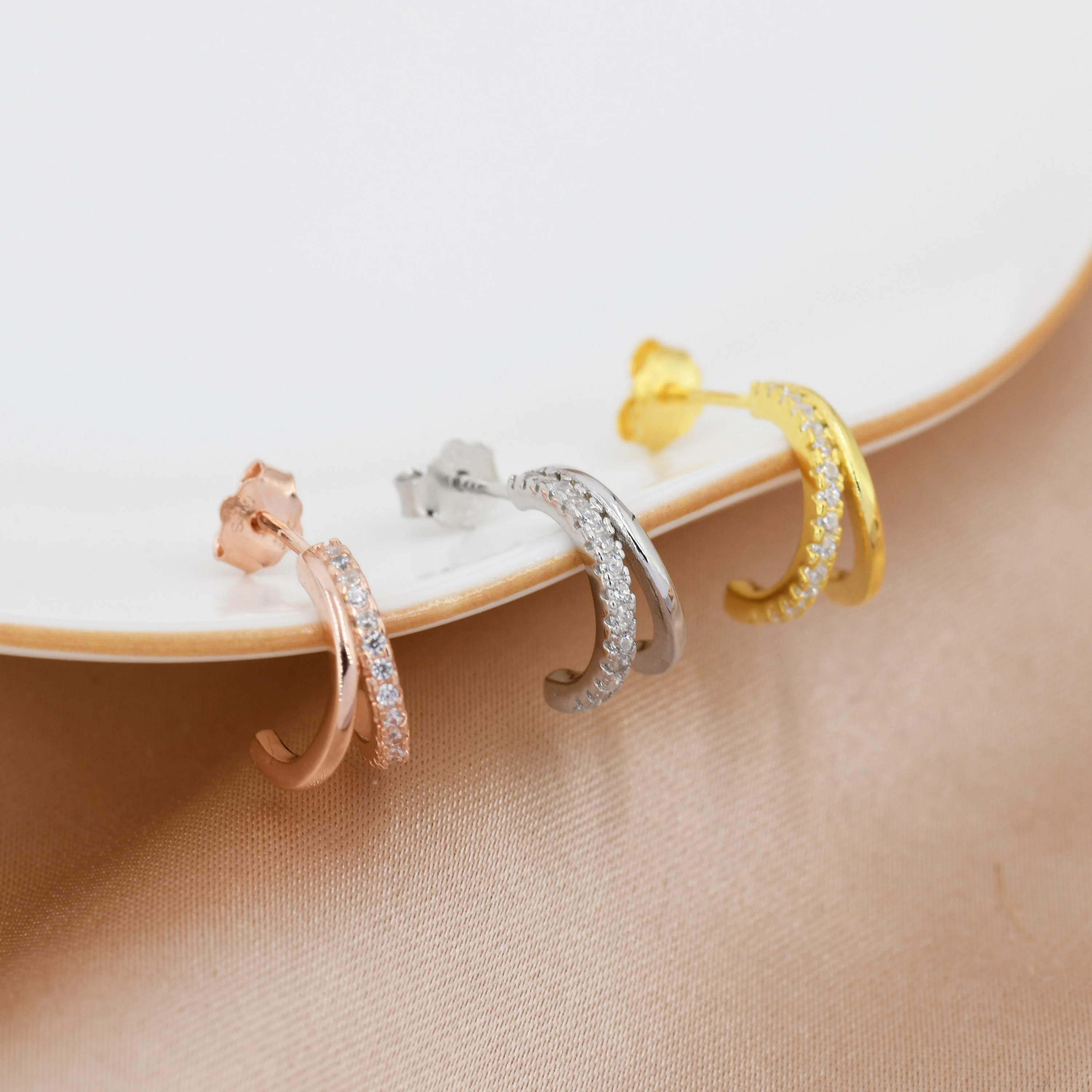 Double Hoop Effect Earrings in Sterling Silver, CZ Pave Hoop Earrings, Silver, Gold, Rose Gold, Dainty and Delicate - Image 7