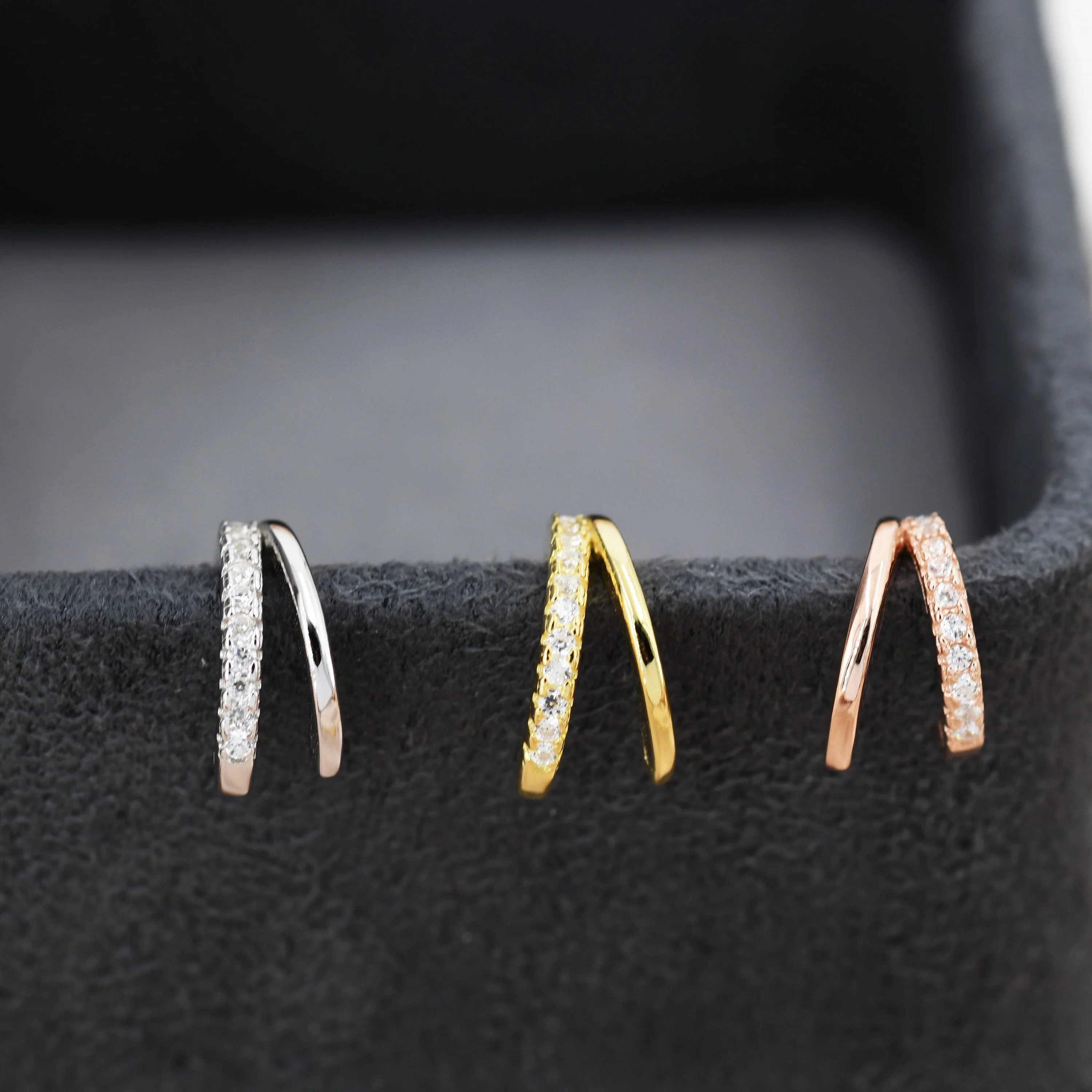 Double Hoop Effect Earrings in Sterling Silver, CZ Pave Hoop Earrings, Silver, Gold, Rose Gold, Dainty and Delicate - Image 8