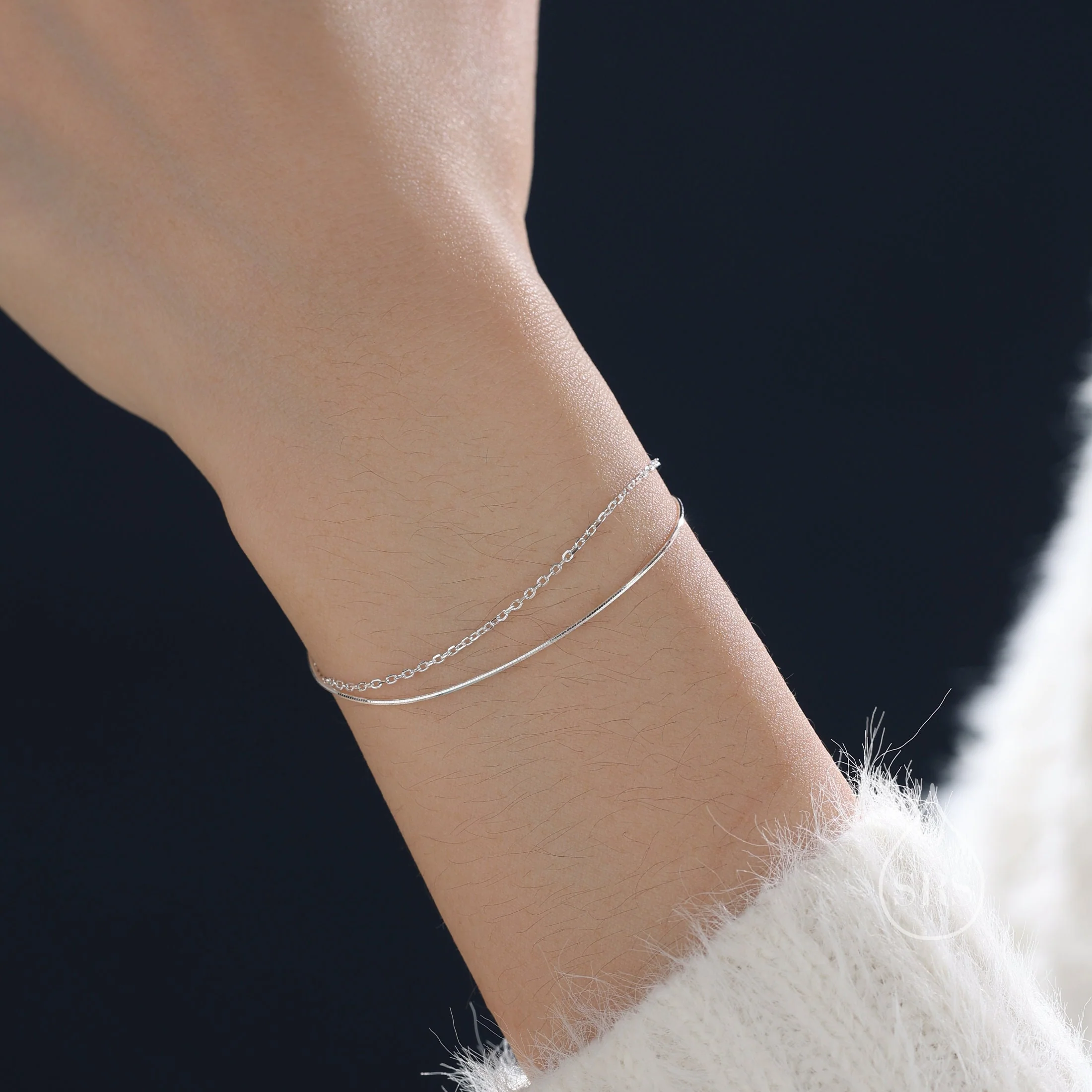 Double Layer Bracelet in Sterling Silver, Dainty Chain Snake Chain Bracelet, Silver or Gold or Rose Gold, Rope Chain Bracelet - Image 3