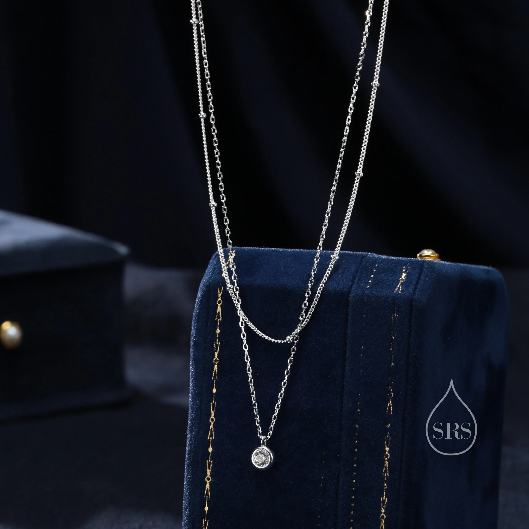 Double Layer CZ Necklace in Sterling Silver with Dainty Chain and Satellite Chain,  Silver or Gold or Rose Gold, Chain Necklace, Single CZ - Image 3