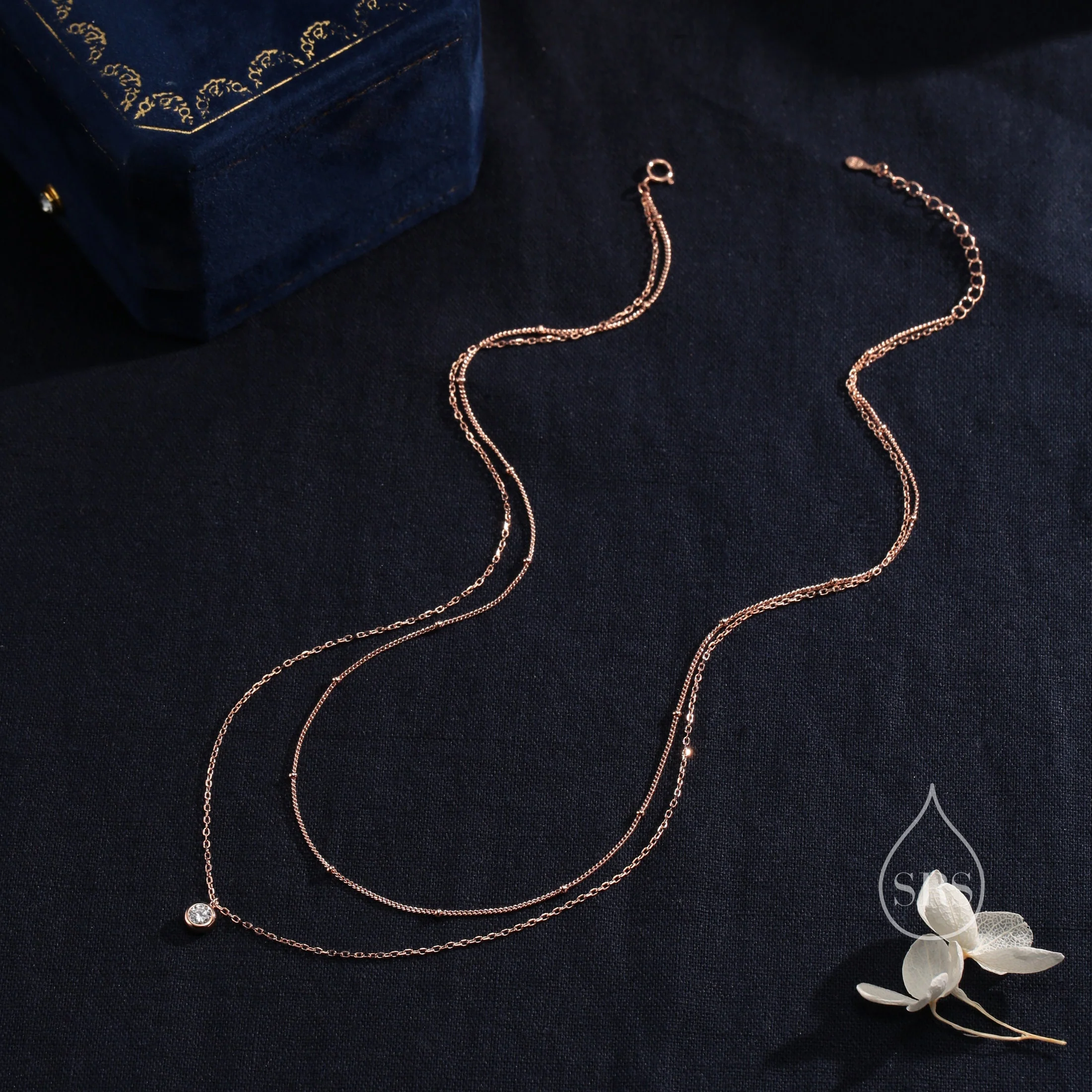 Double Layer CZ Necklace in Sterling Silver with Dainty Chain and Satellite Chain,  Silver or Gold or Rose Gold, Chain Necklace, Single CZ - Image 4