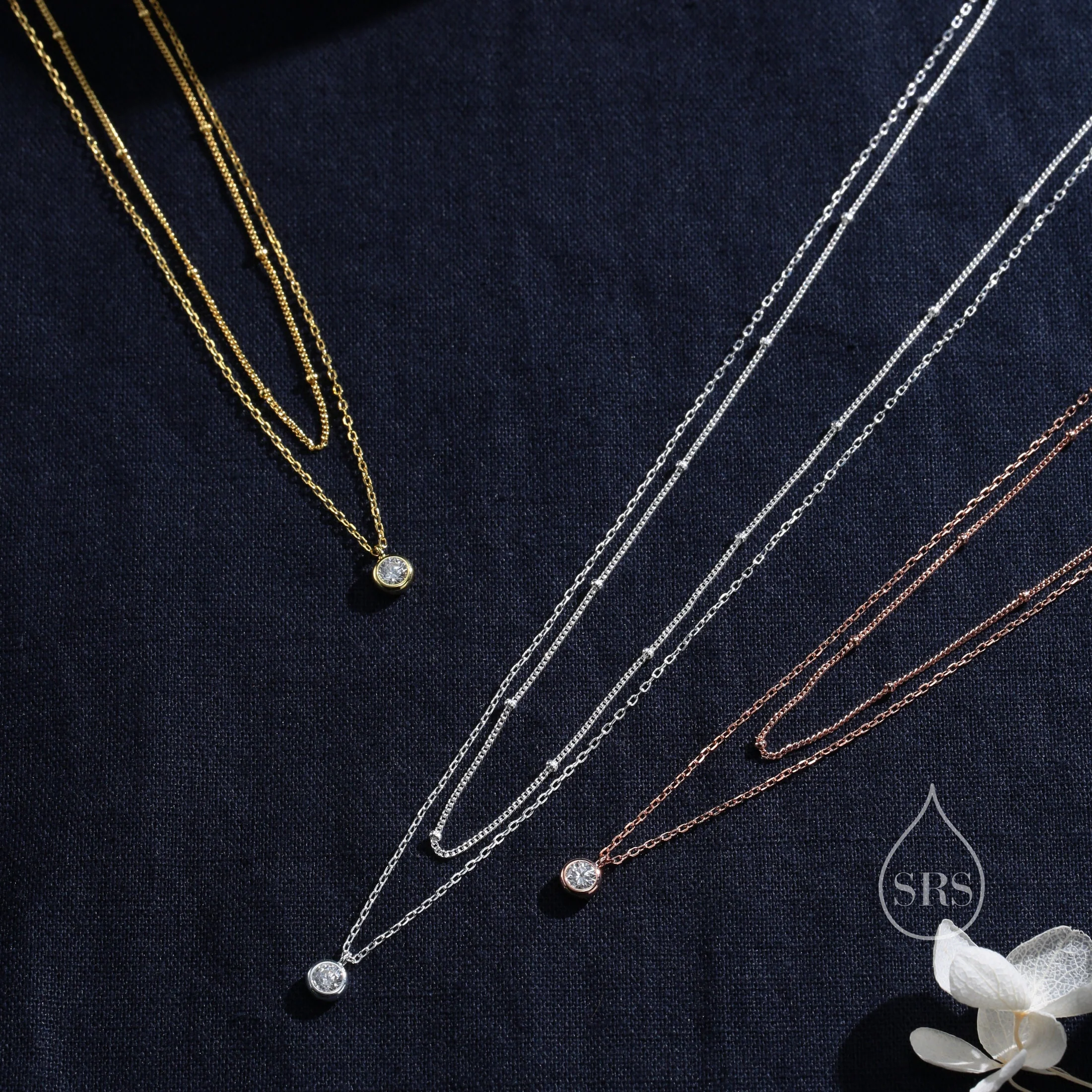 Double Layer CZ Necklace in Sterling Silver with Dainty Chain and Satellite Chain,  Silver or Gold or Rose Gold, Chain Necklace, Single CZ - Image 5