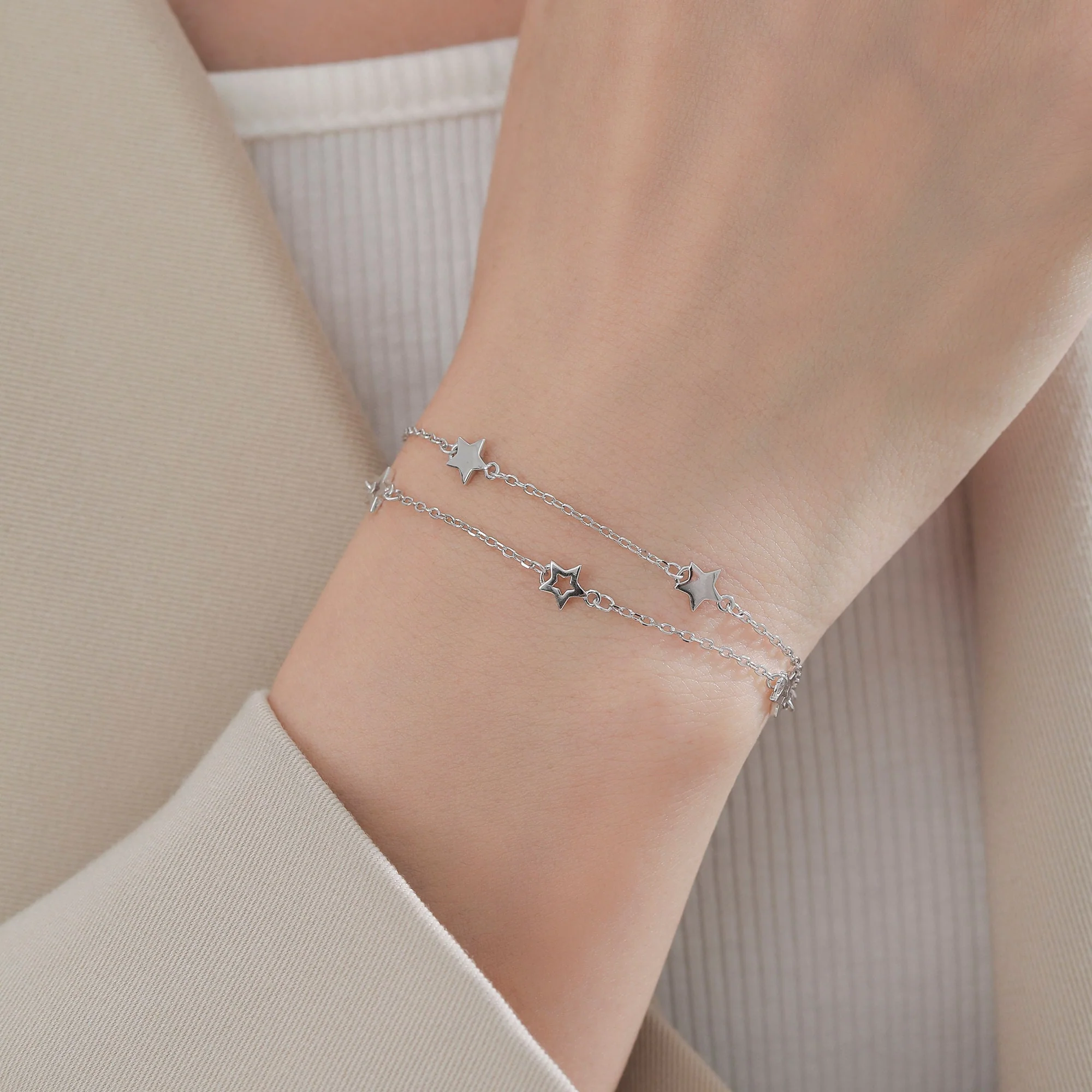 Double Layer Star Bracelet in Sterling Silver, Silver or Gold or Rose Gold, Floating Star Bracelet, Silver Star Bracelet - Image 2