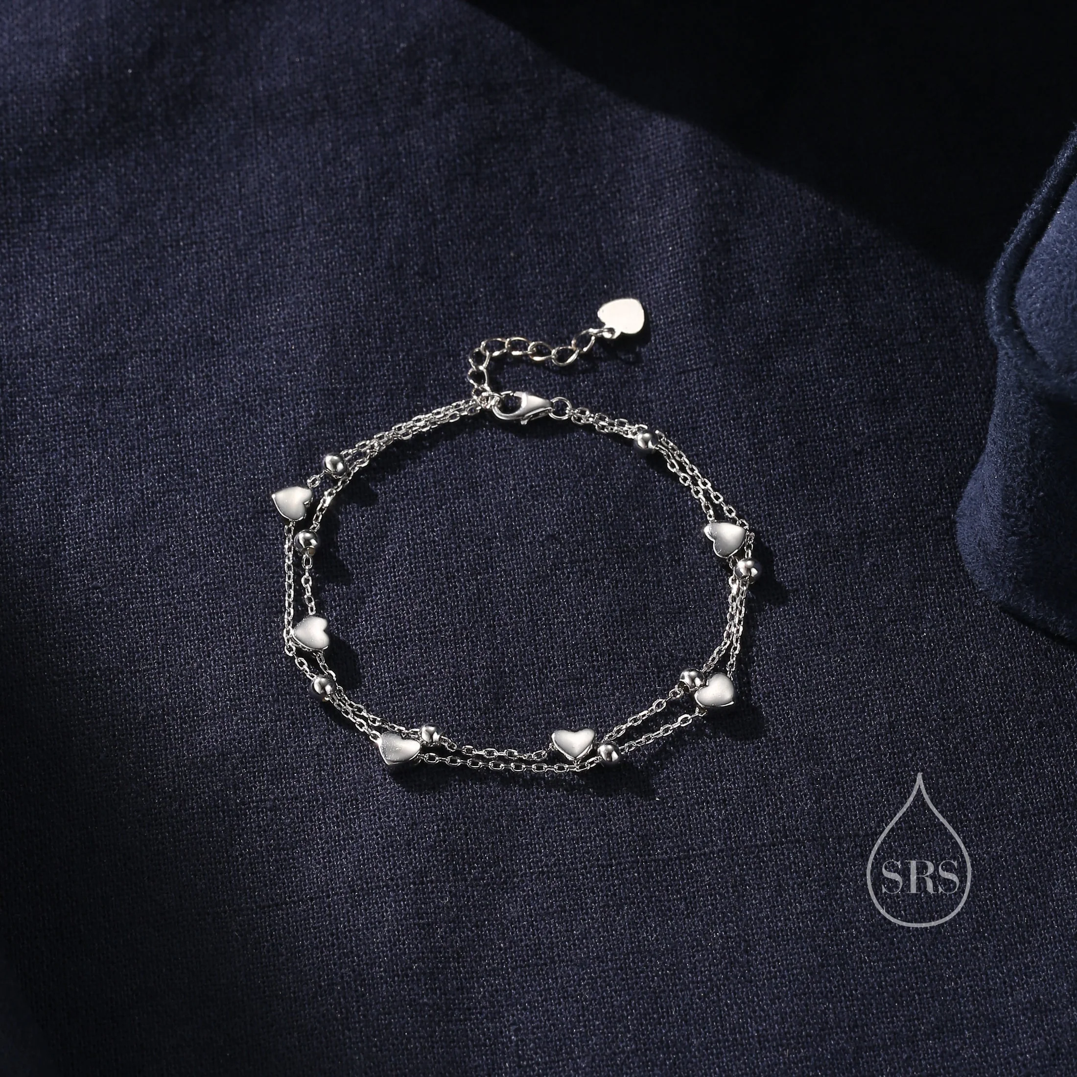 Double Layer Heart Charm Bracelet in Sterling Silver, Silver or Gold or Rose Gold, Small Heart Bracelet, Silver Heart Bracelet - Image 2
