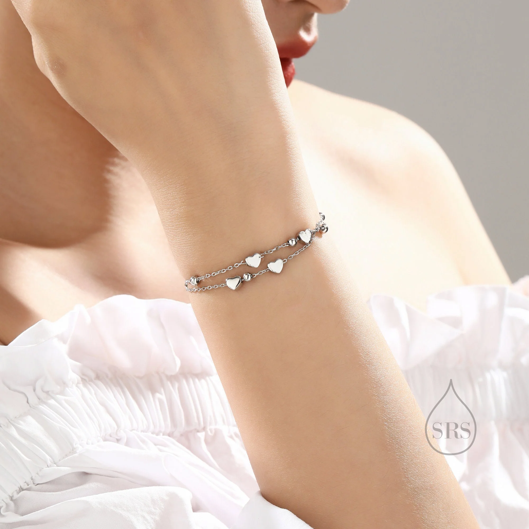 Double Layer Heart Charm Bracelet in Sterling Silver, Silver or Gold or Rose Gold, Small Heart Bracelet, Silver Heart Bracelet - Image 6