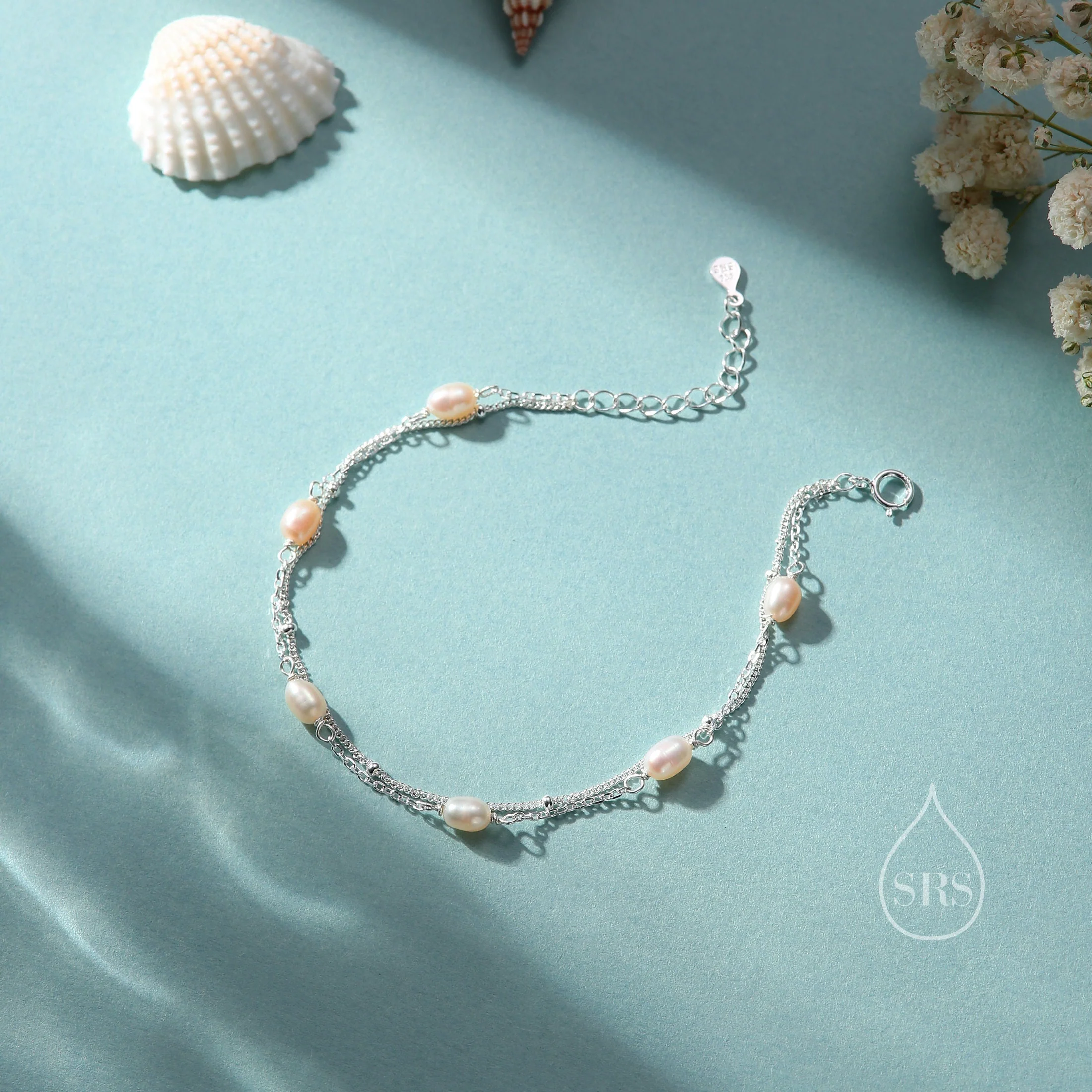 Double Layer Natural Pearl Beaded Bracelet in Sterling Silver, Two Layer Oval Pearl Bracelet, Genuine Freshwater Pearl Bracelet, Two Layer - Image 4