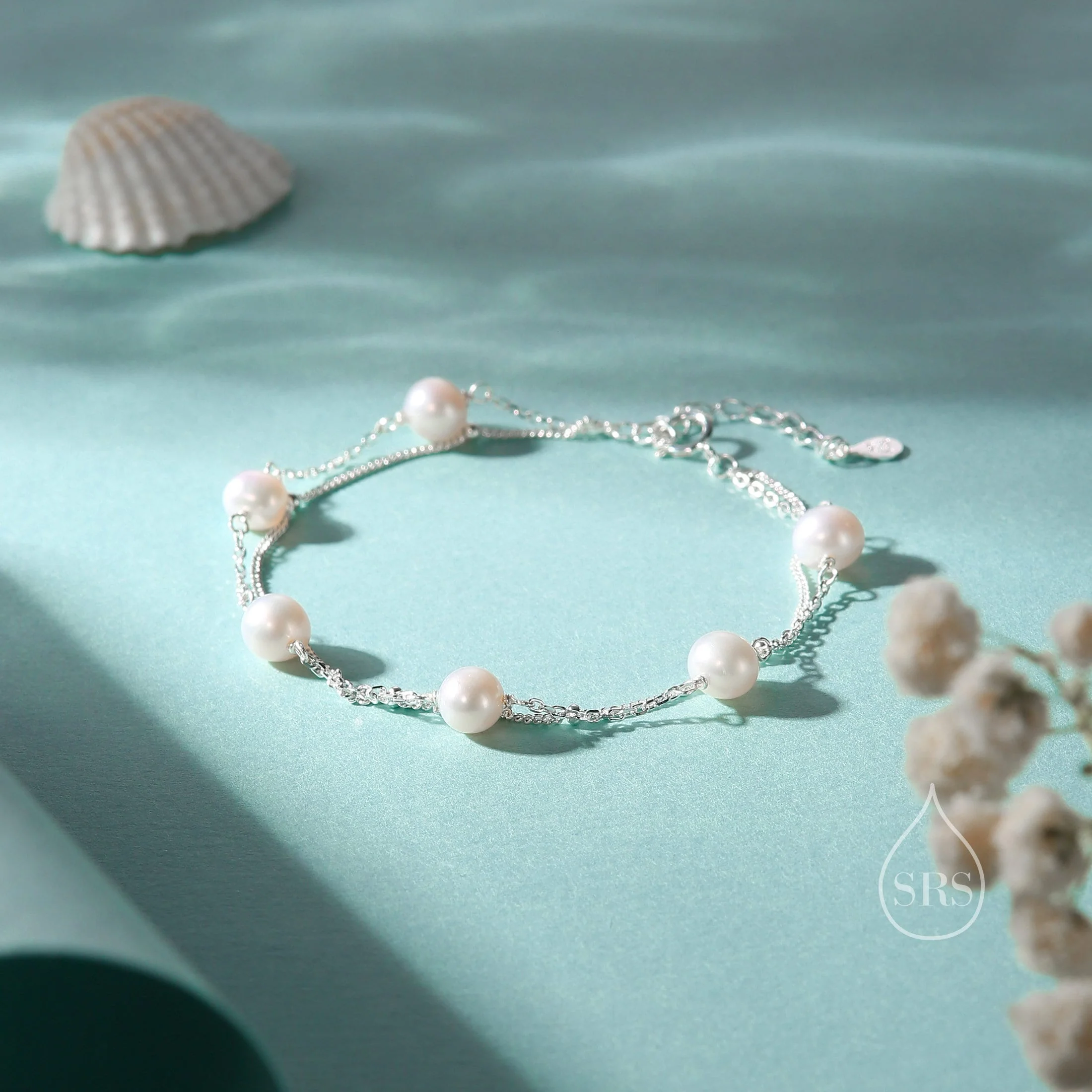 Double Layer Natural Pearl Beaded Bracelet in Sterling Silver, Two Layer Satellite Pearl Bracelet, Genuine Freshwater Pearl Bracelet - Image 4