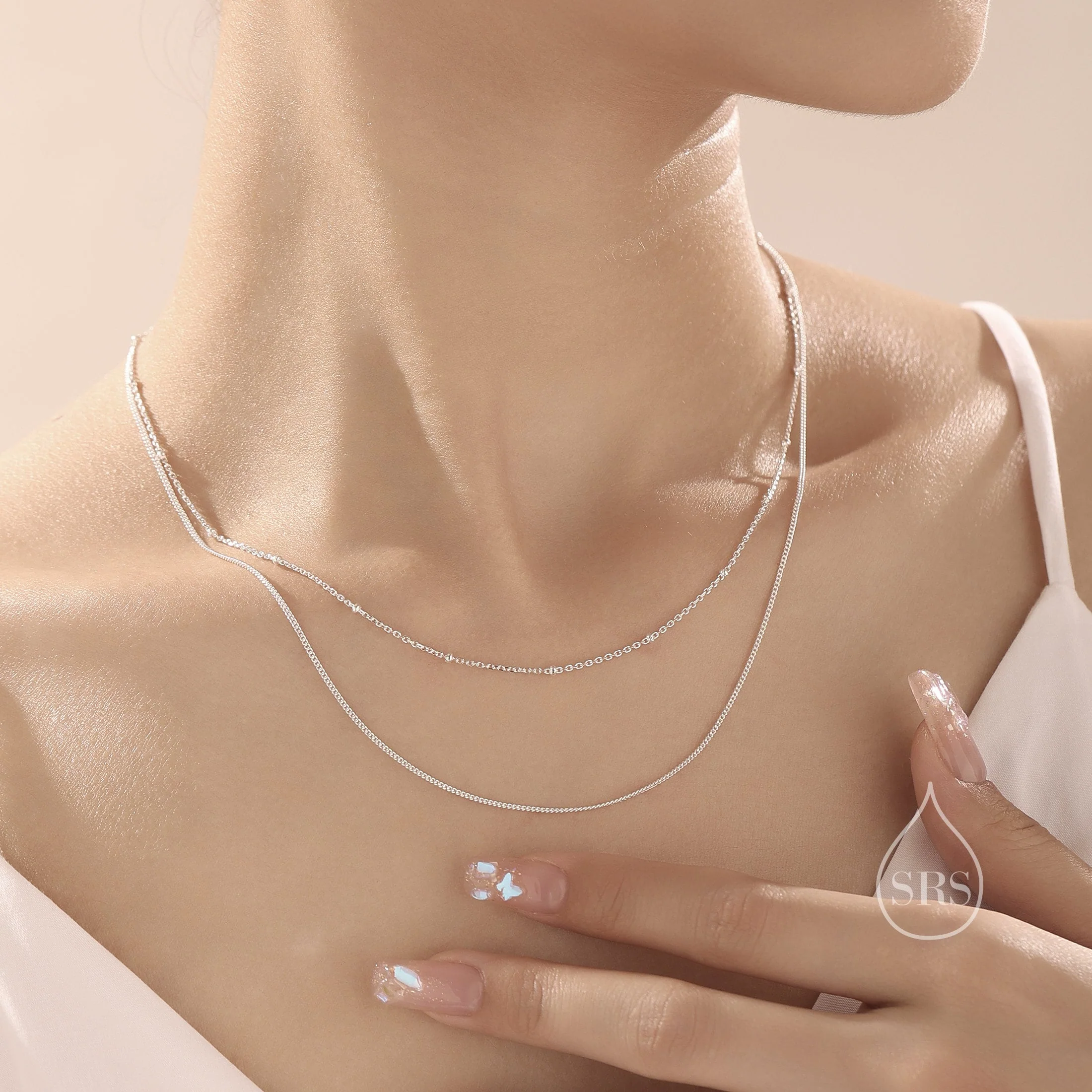 Double Layer Necklace in Sterling Silver with Satellite Chain and Curb Chain,  Silver or Gold or Rose Gold, Chain Necklace - Image 3