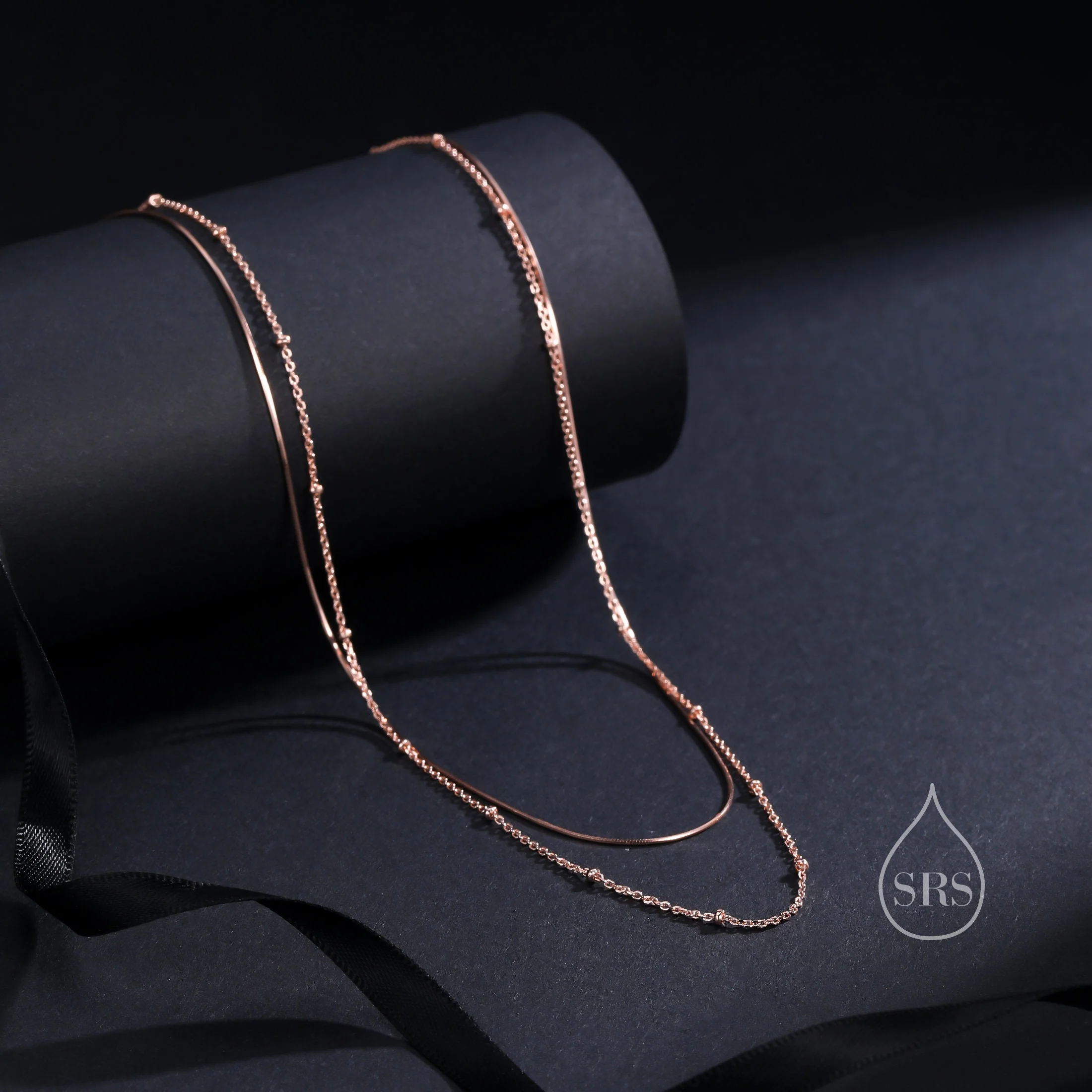 Double Layer Necklace in Sterling Silver with Satellite Chain and Snake Chain, Silver or Gold or Rose Gold, Chain Necklace - Image 2