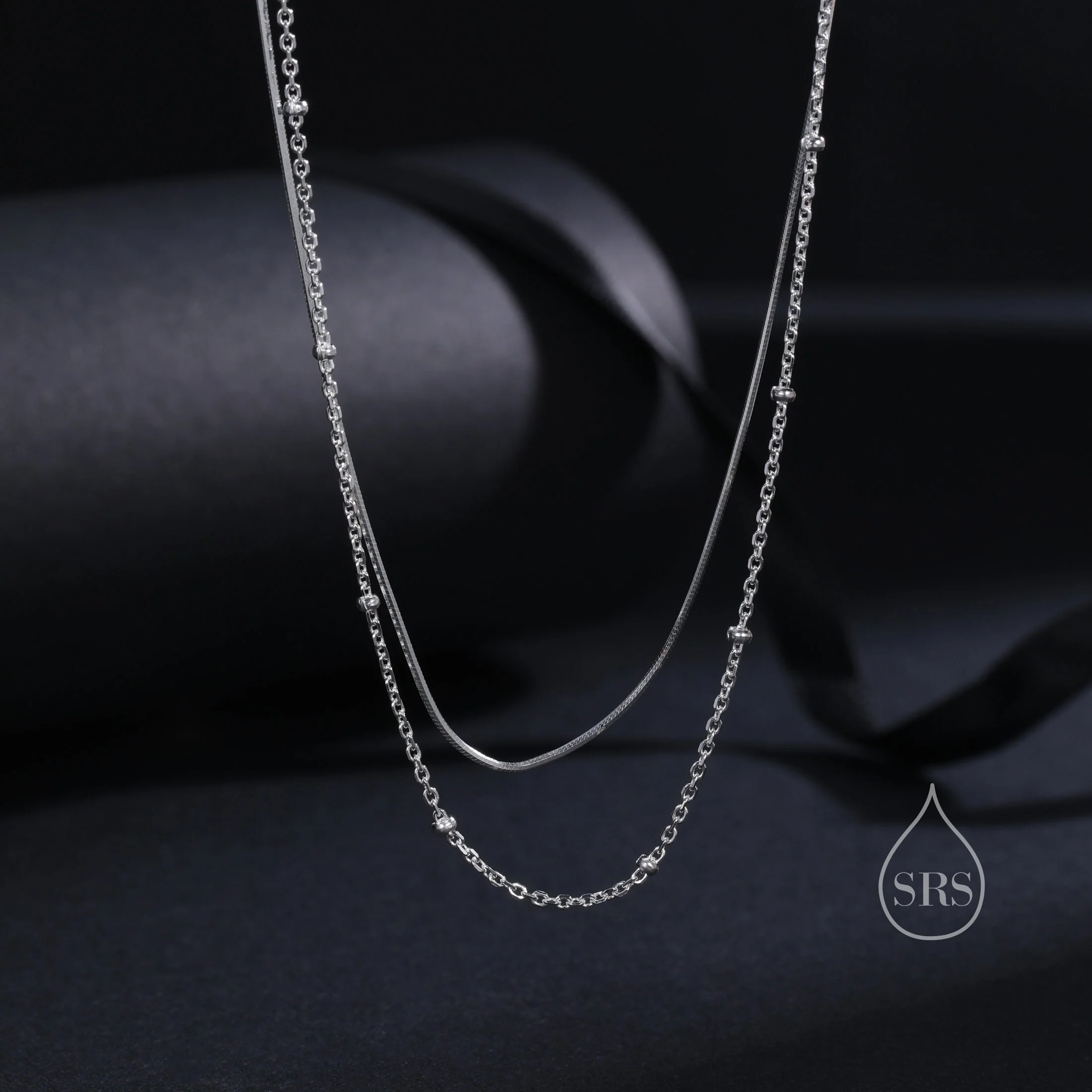 Double Layer Necklace in Sterling Silver with Satellite Chain and Snake Chain, Silver or Gold or Rose Gold, Chain Necklace - Image 5
