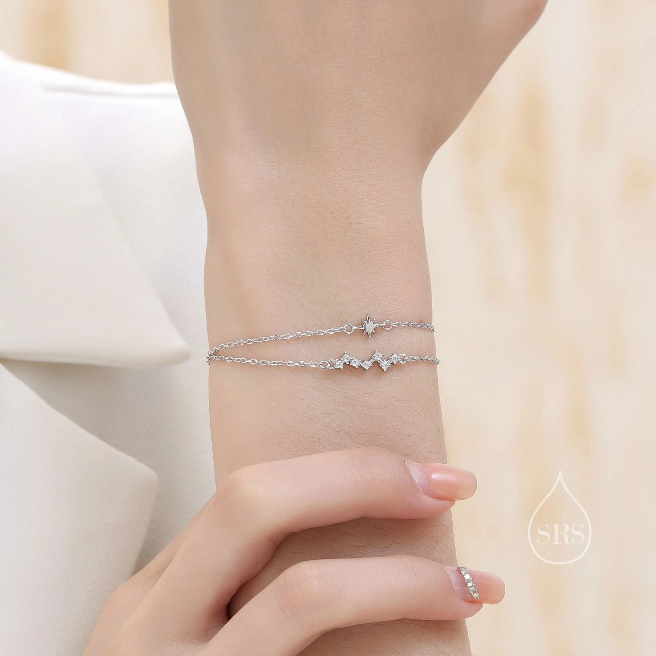 Double Layer Starburst and Constellation Bracelet in Sterling Silver, Silver or Gold or Rose Gold, Star Bracelet, Planet Bracelet - Image 2