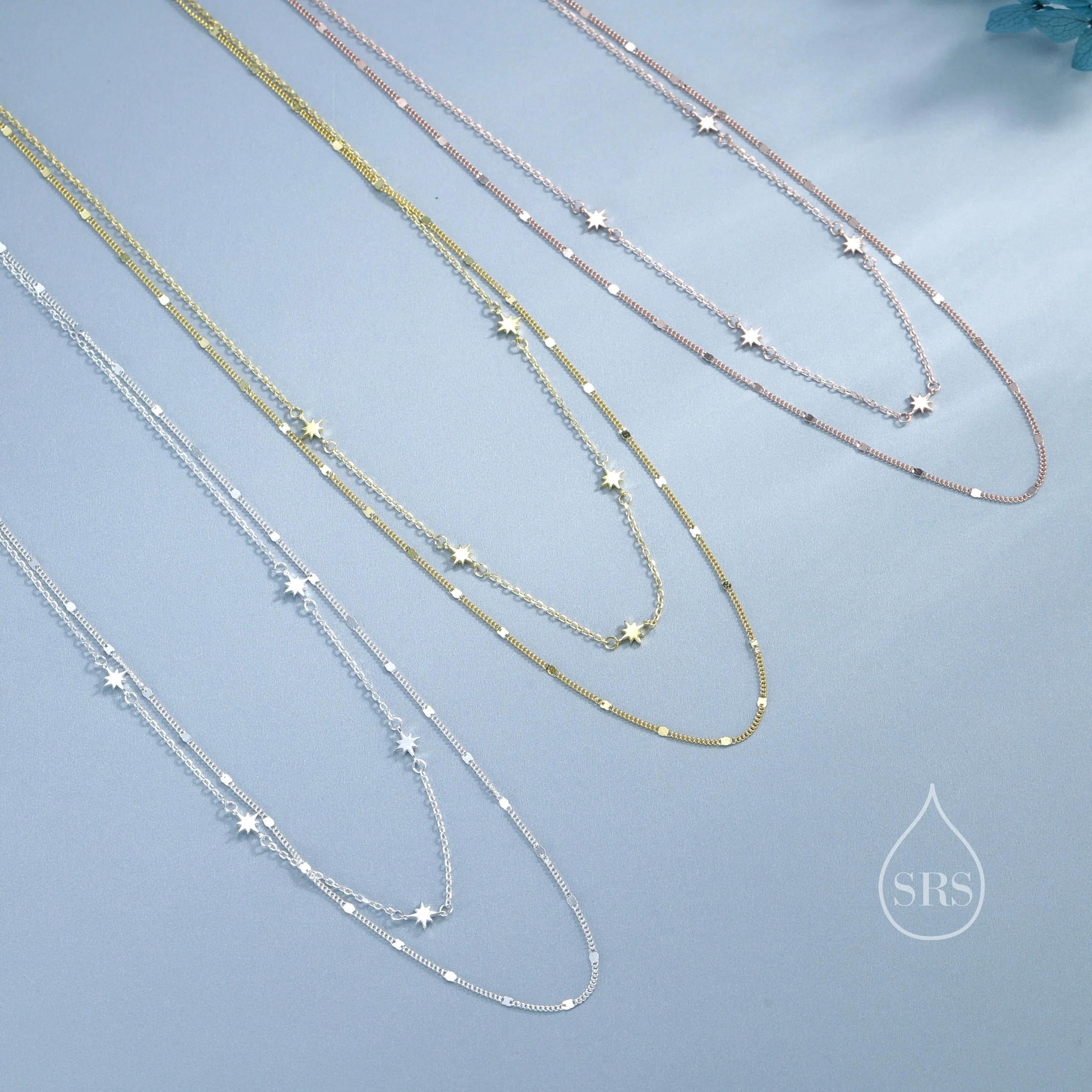 Double Layer Tiny Starburst Charm Necklace in Sterling Silver with Sparkle Chain, Star Motif Two Layer Necklace, Adjustable Length - Image 6