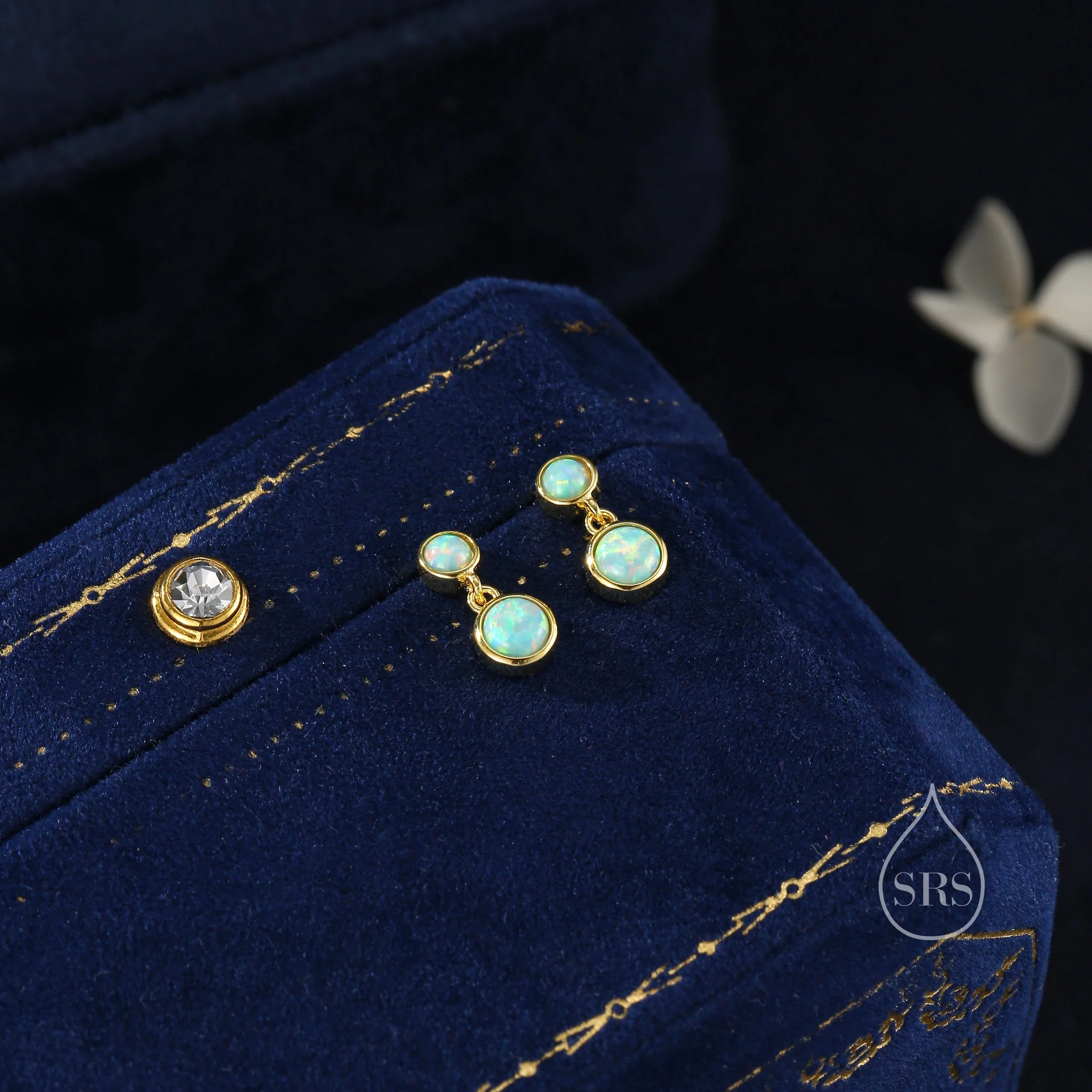 Double Opal Dangle Earrings in Sterling Silver, Silver or Gold, Lab Opal Bezel Earrings, Two Opal Earrings, Aqua Blue Opal - Image 4