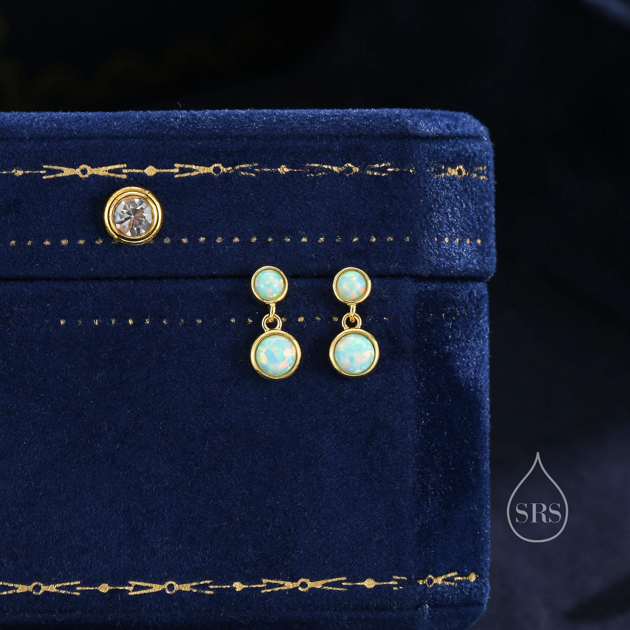 Double Opal Dangle Earrings in Sterling Silver, Silver or Gold, Lab Opal Bezel Earrings, Two Opal Earrings, Aqua Blue Opal - Image 6