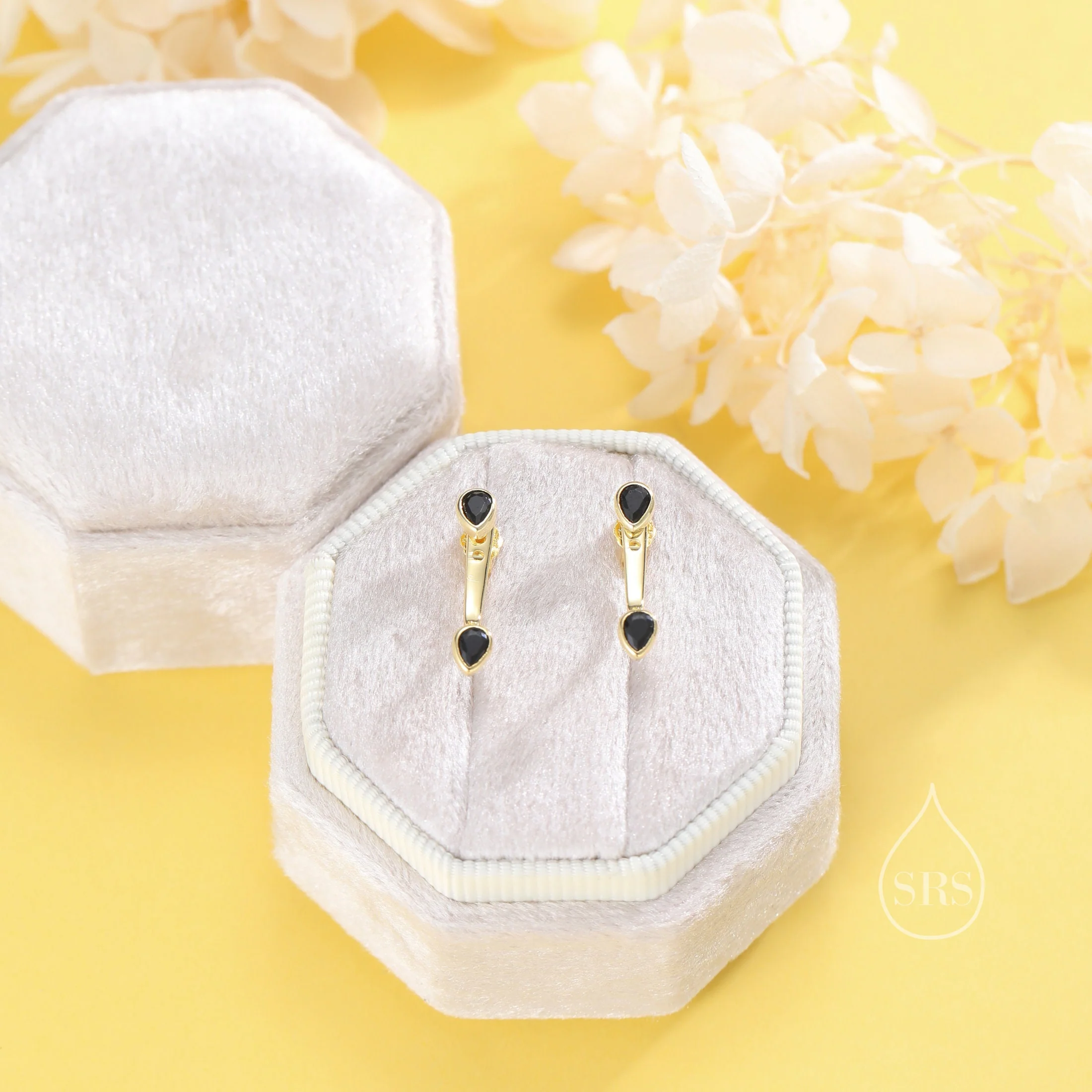 Double Pear Cut CZ Ear Jacket in Sterling Silver,  Silver or Gold, Available in Blue, Black, Green, Clear CZ, Front and Back Earrings - Image 9