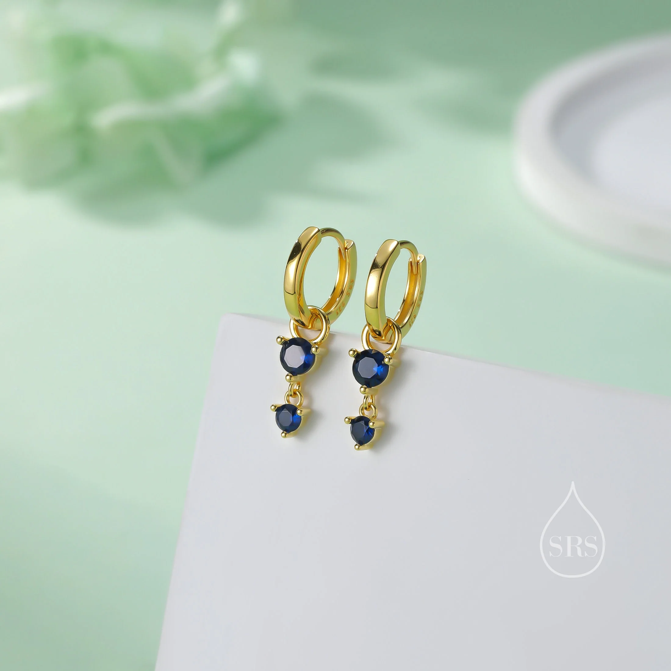 Double Sapphire Blue CZ Huggie Hoop Earrings in Sterling Silver, Silver or Gold, Detachable Charm Hoops, Geometric Hoop Earrings - Image 2